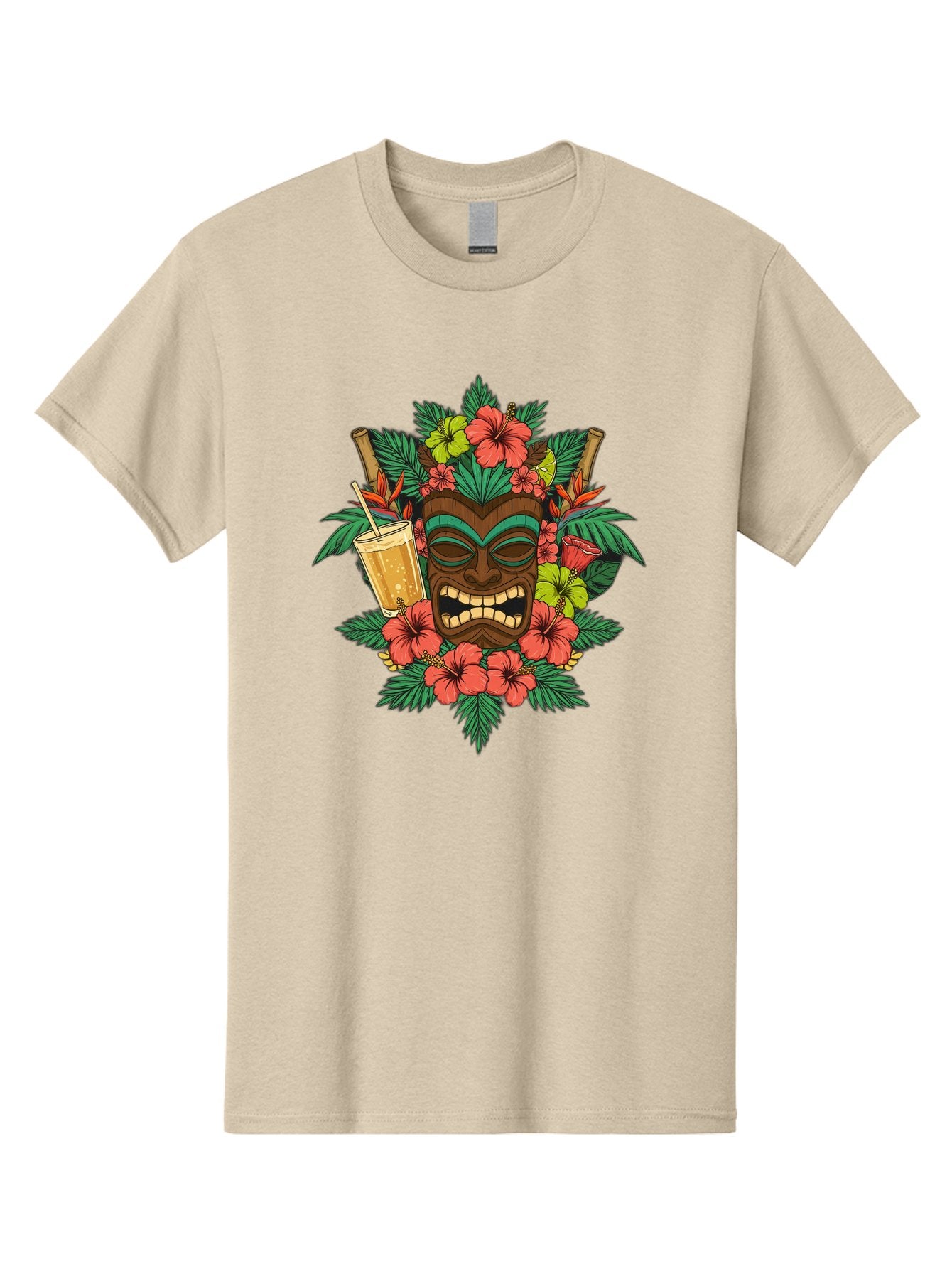 Tiki-Mask Men'S Graphic Tee, 100% Cotton, Comfortable Casual Summer Wear, Machine Washable, Tiki Mask Design, Tropical Flowers, Hibiscus, Cocktail, Straw, Bamboo, Vibrant Colors, Summer Vibes, Hawaiian Style, Tropical Getaway, Island Life, Bac521 9
