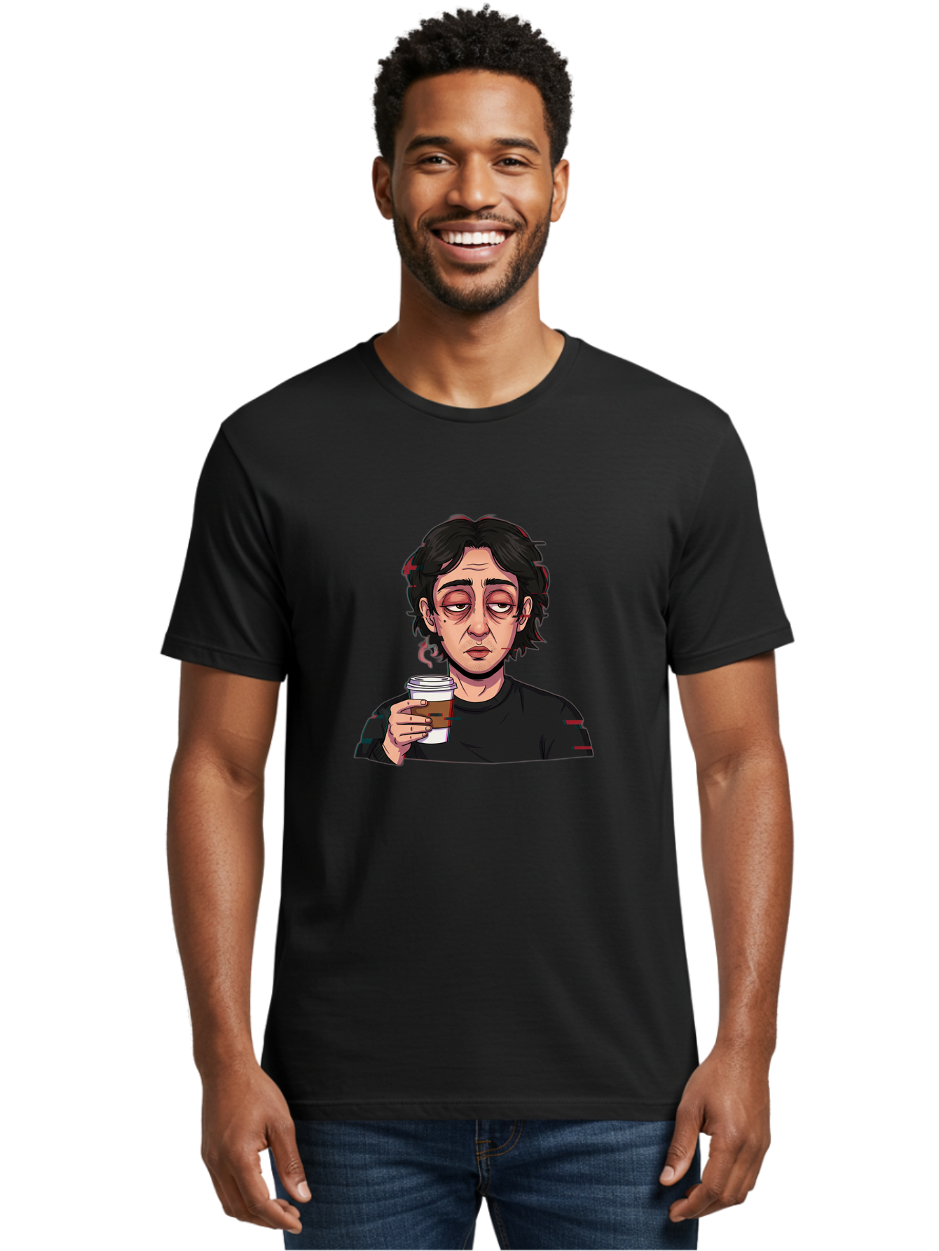 Tired-Woman-With-Coffee Men'S Graphic Tee, 100% Cotton, Comfortable Casual Summer Wear, Machine Washable, Tired Person, Coffee Cup, Morning Routine, Coffee Break, Relaxed Atmosphere, Casual Wear, Sleepy Expression, Coffee Lover Bac522 17