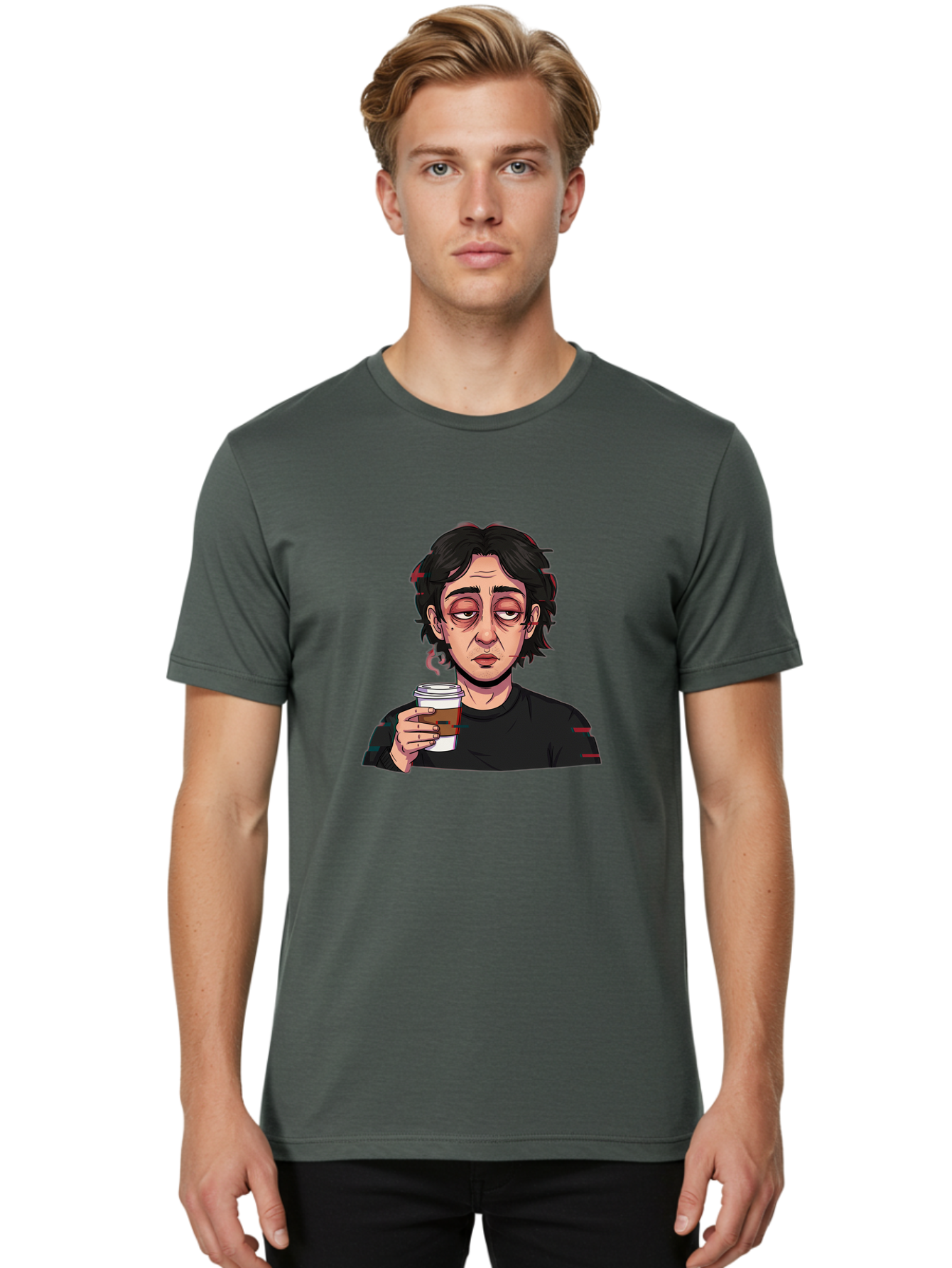 Tired-Woman-With-Coffee Men'S Graphic Tee, 100% Cotton, Comfortable Casual Summer Wear, Machine Washable, Tired Person, Coffee Cup, Morning Routine, Coffee Break, Relaxed Atmosphere, Casual Wear, Sleepy Expression, Coffee Lover Bac522 29