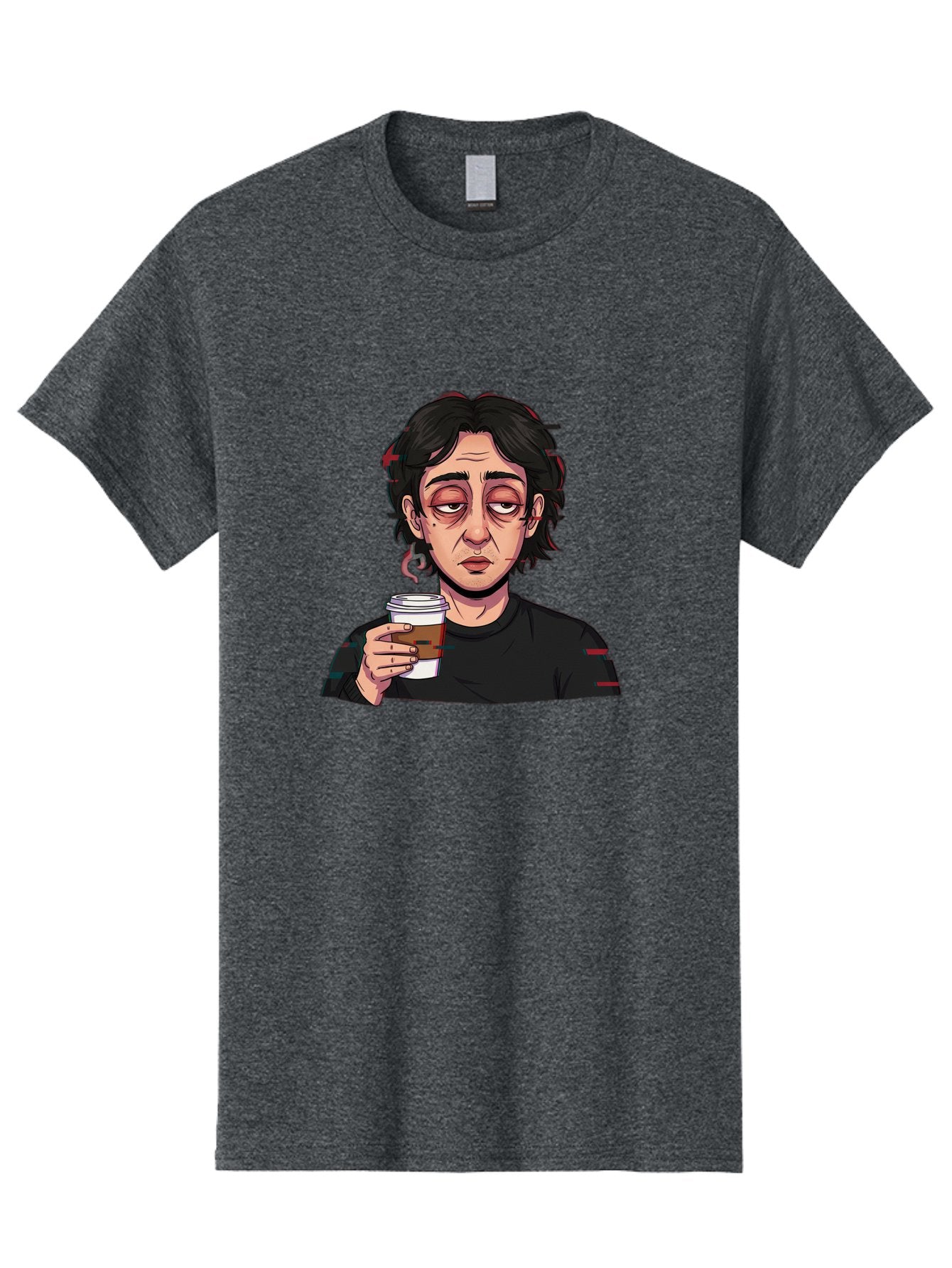 Tired-Woman-With-Coffee Men'S Graphic Tee, 100% Cotton, Comfortable Casual Summer Wear, Machine Washable, Tired Person, Coffee Cup, Morning Routine, Coffee Break, Relaxed Atmosphere, Casual Wear, Sleepy Expression, Coffee Lover Bac522