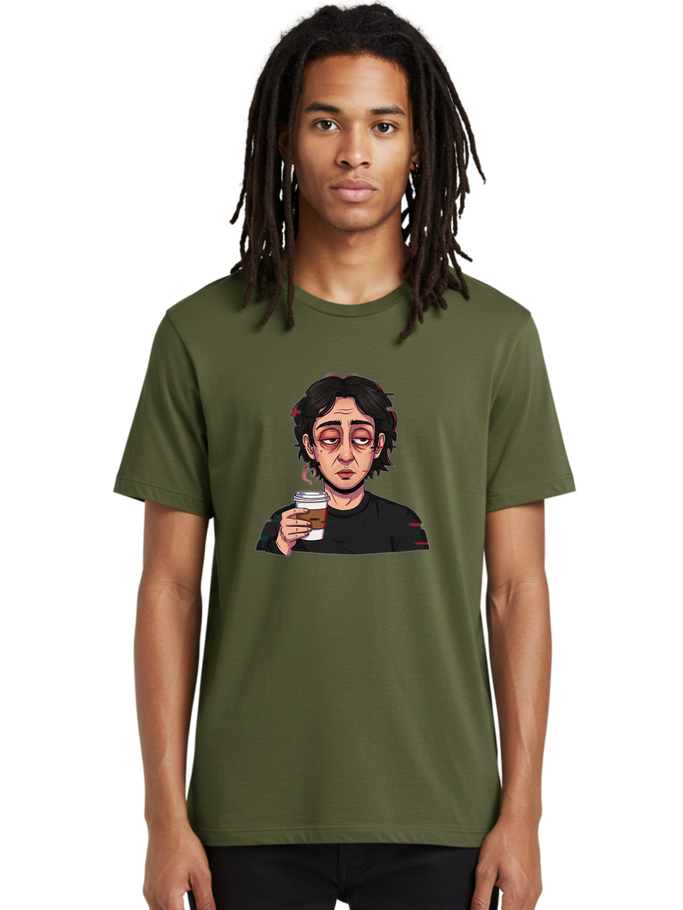 Tired-Woman-With-Coffee Men'S Graphic Tee, 100% Cotton, Comfortable Casual Summer Wear, Machine Washable, Tired Person, Coffee Cup, Morning Routine, Coffee Break, Relaxed Atmosphere, Casual Wear, Sleepy Expression, Coffee Lover Bac522 30