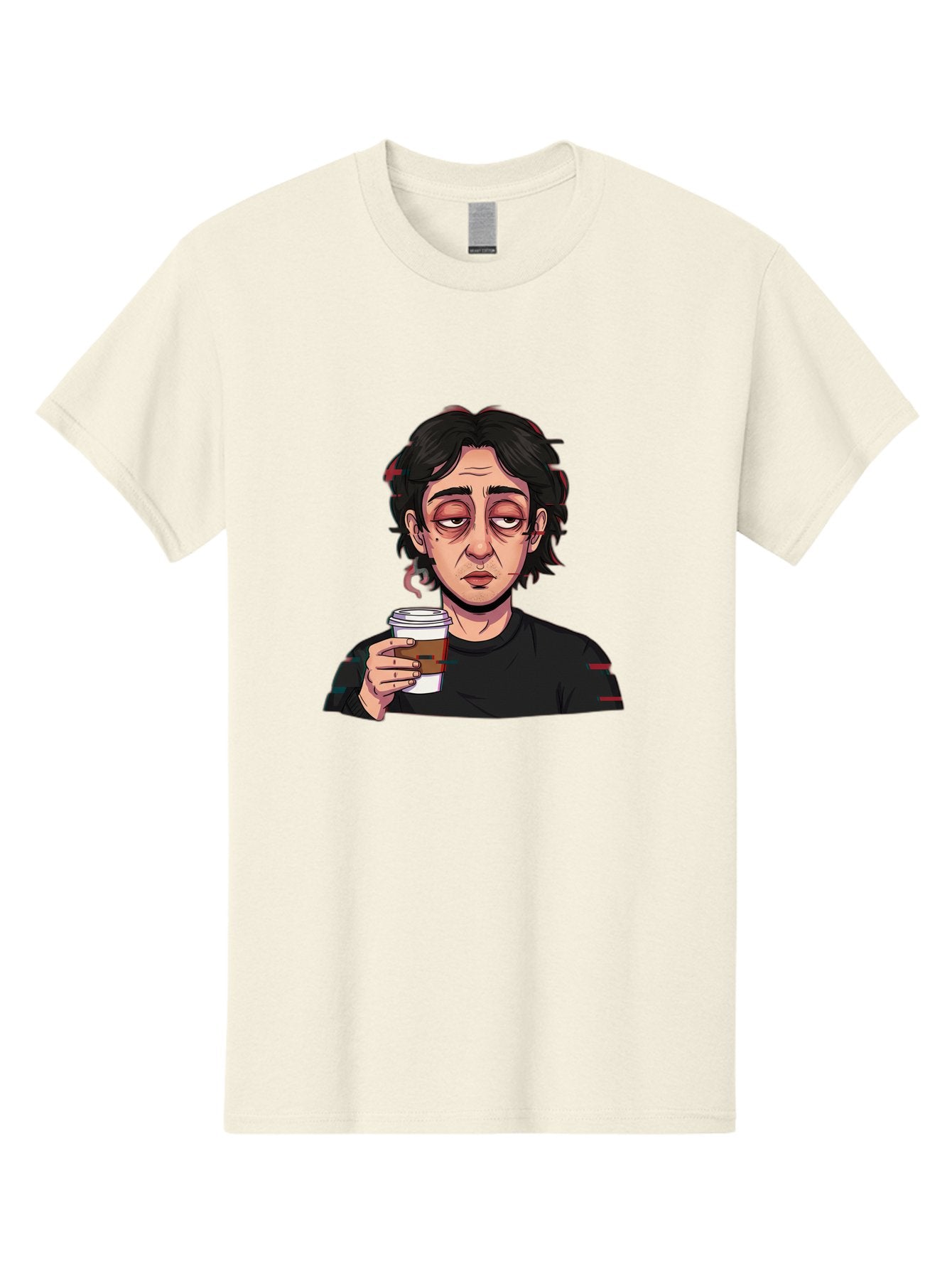 Tired-Woman-With-Coffee Men'S Graphic Tee, 100% Cotton, Comfortable Casual Summer Wear, Machine Washable, Tired Person, Coffee Cup, Morning Routine, Coffee Break, Relaxed Atmosphere, Casual Wear, Sleepy Expression, Coffee Lover Bac522