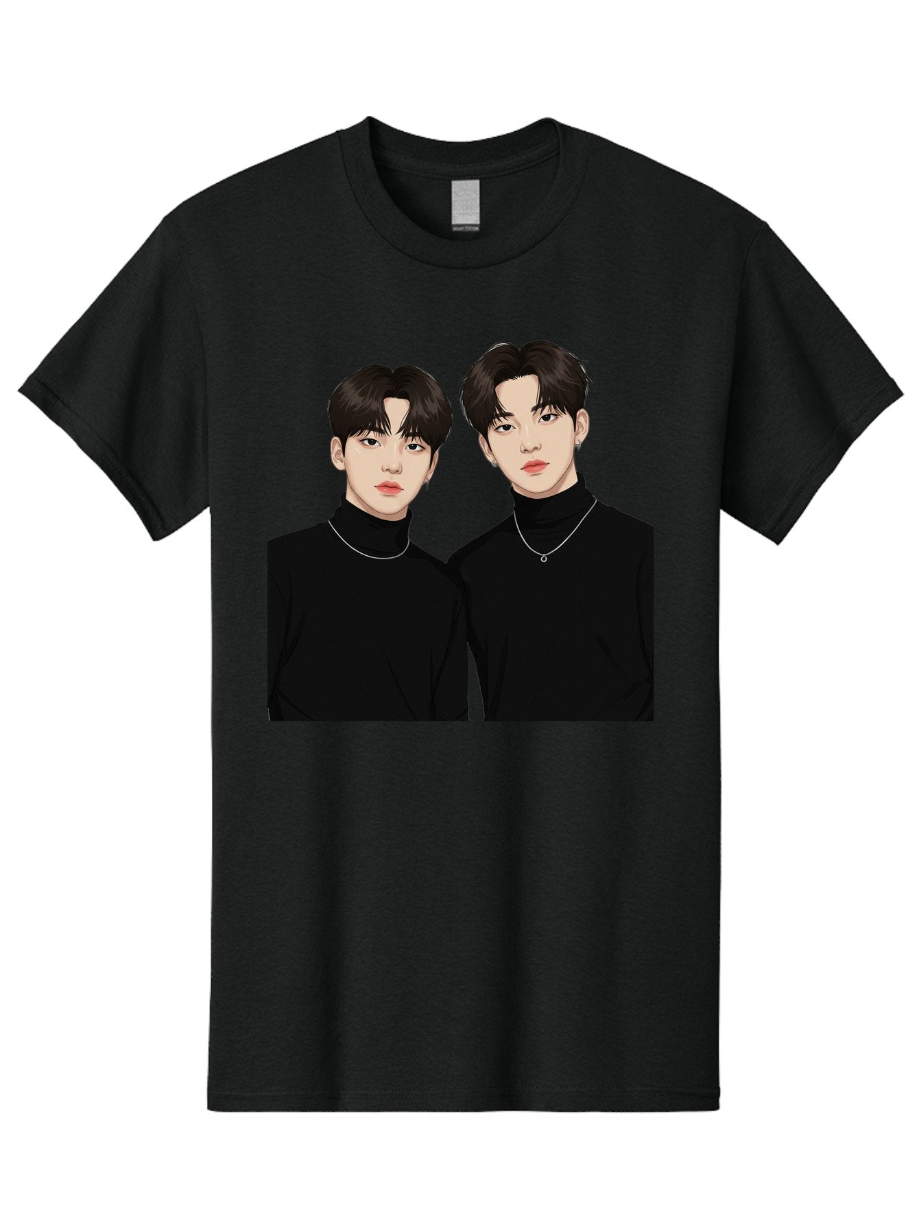 Twin-Guys Men'S Graphic Tee, 100% Cotton, Comfortable Casual Summer Wear, Machine Washable, K-Pop Idols, Male Duo, Black Turtlenecks, Silver Necklaces, Dark Hair, Digital Illustration, Pop Culture Icons, Modern Fashion, Stylish Accessories, Bac525