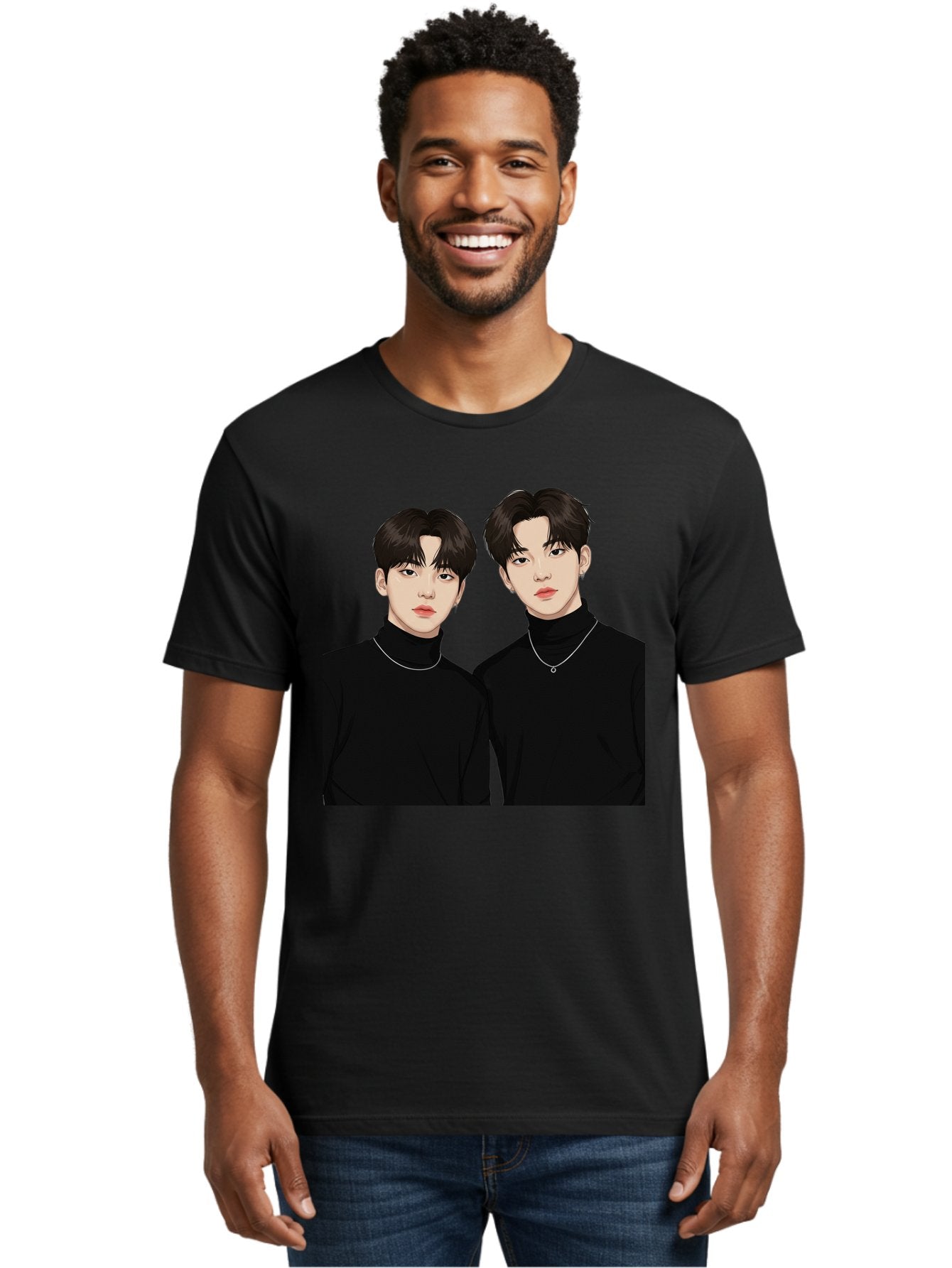 Twin-Guys Men'S Graphic Tee, 100% Cotton, Comfortable Casual Summer Wear, Machine Washable, K-Pop Idols, Male Duo, Black Turtlenecks, Silver Necklaces, Dark Hair, Digital Illustration, Pop Culture Icons, Modern Fashion, Stylish Accessories, Bac525 19