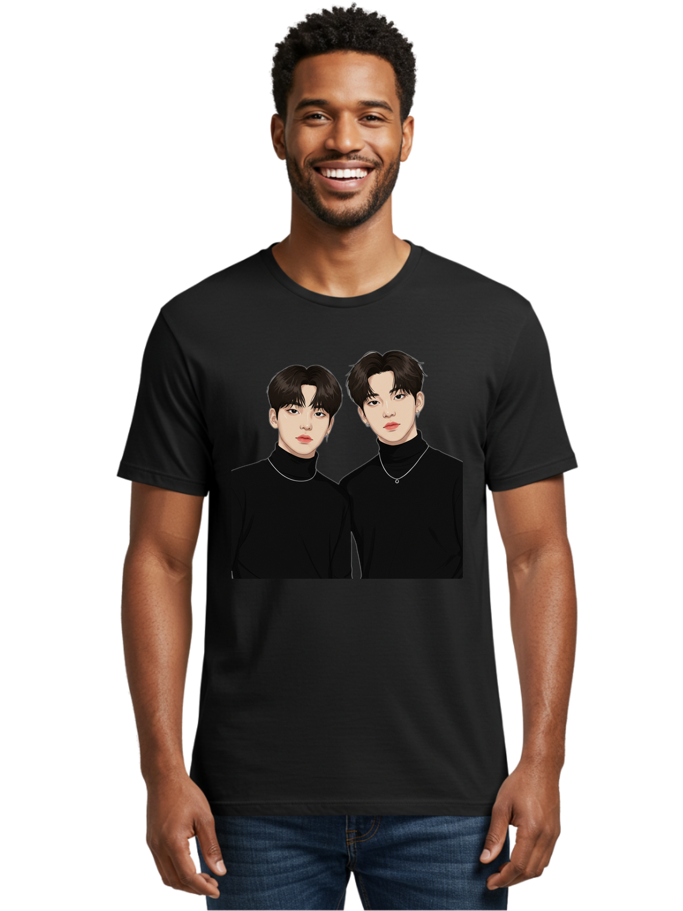 Twin-Guys Men'S Graphic Tee, 100% Cotton, Comfortable Casual Summer Wear, Machine Washable, K-Pop Idols, Male Duo, Black Turtlenecks, Silver Necklaces, Dark Hair, Digital Illustration, Pop Culture Icons, Modern Fashion, Stylish Accessories, Bac525 26
