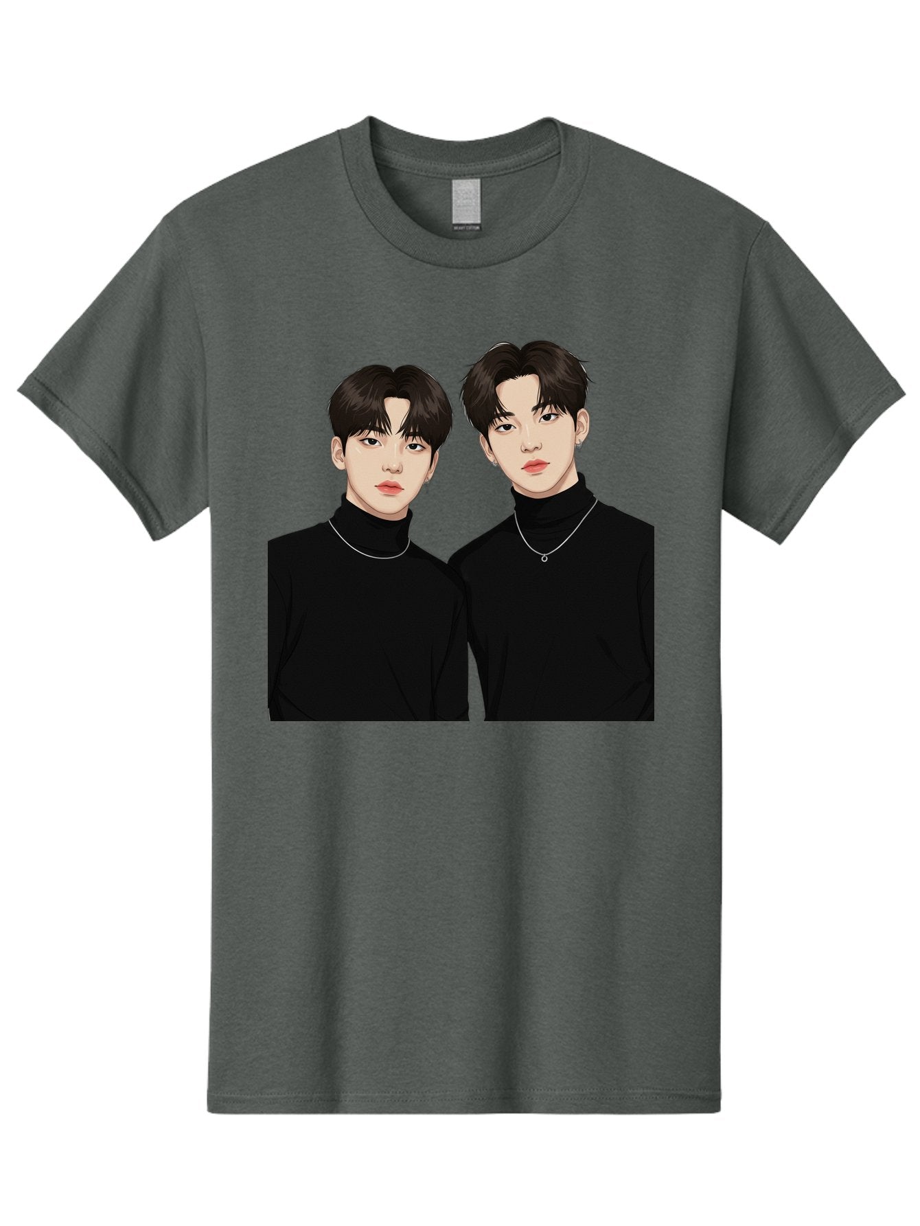 Twin-Guys Men'S Graphic Tee, 100% Cotton, Comfortable Casual Summer Wear, Machine Washable, K-Pop Idols, Male Duo, Black Turtlenecks, Silver Necklaces, Dark Hair, Digital Illustration, Pop Culture Icons, Modern Fashion, Stylish Accessories, Bac525 5