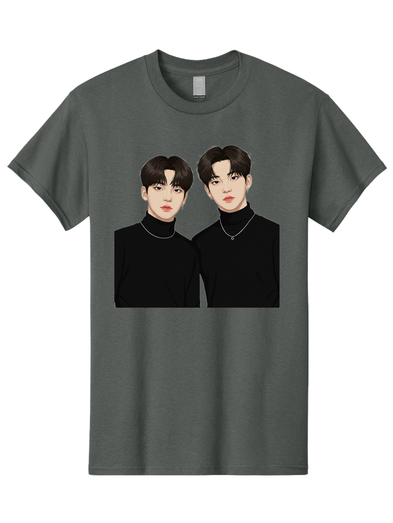 Twin-Guys Men'S Graphic Tee, 100% Cotton, Comfortable Casual Summer Wear, Machine Washable, K-Pop Idols, Male Duo, Black Turtlenecks, Silver Necklaces, Dark Hair, Digital Illustration, Pop Culture Icons, Modern Fashion, Stylish Accessories, Bac525 8