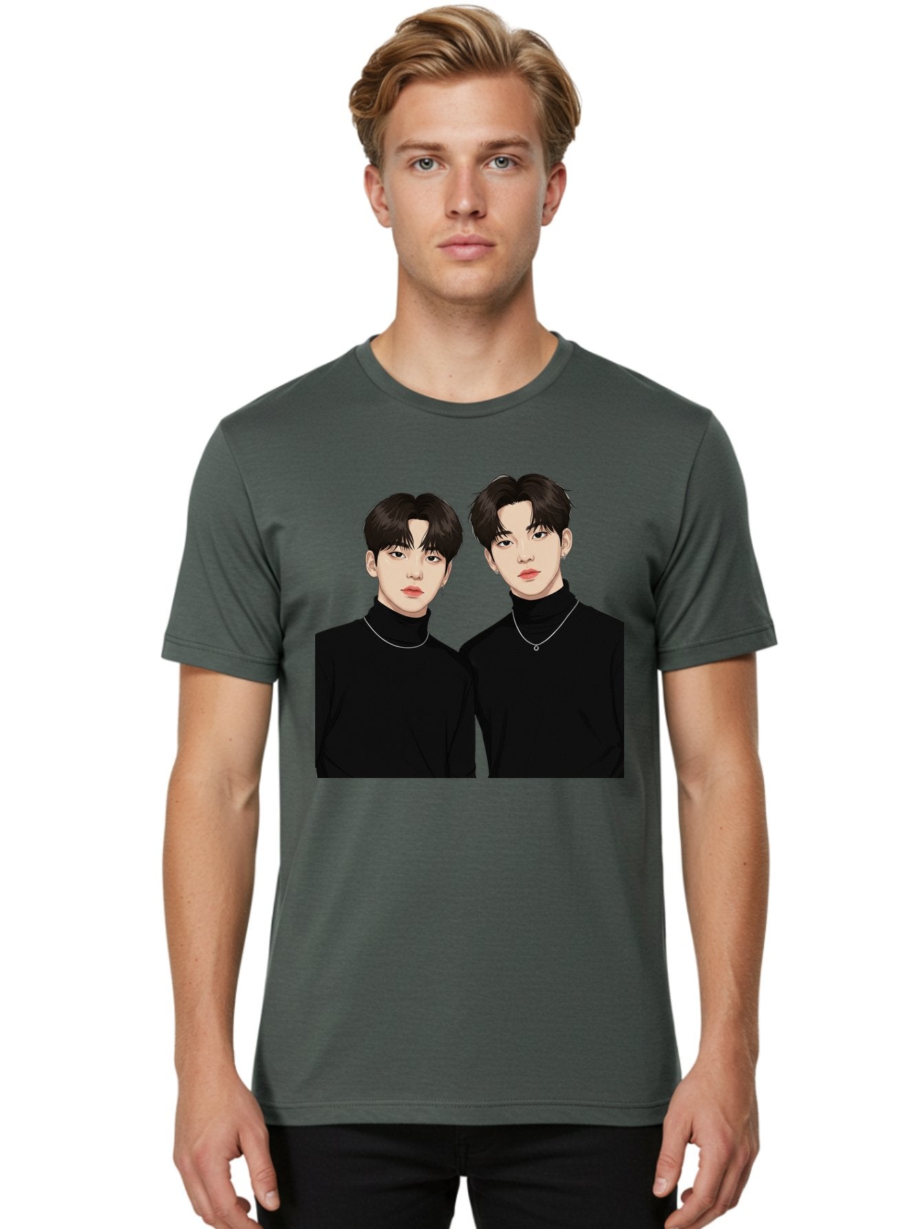 Twin-Guys Men'S Graphic Tee, 100% Cotton, Comfortable Casual Summer Wear, Machine Washable, K-Pop Idols, Male Duo, Black Turtlenecks, Silver Necklaces, Dark Hair, Digital Illustration, Pop Culture Icons, Modern Fashion, Stylish Accessories, Bac525 23