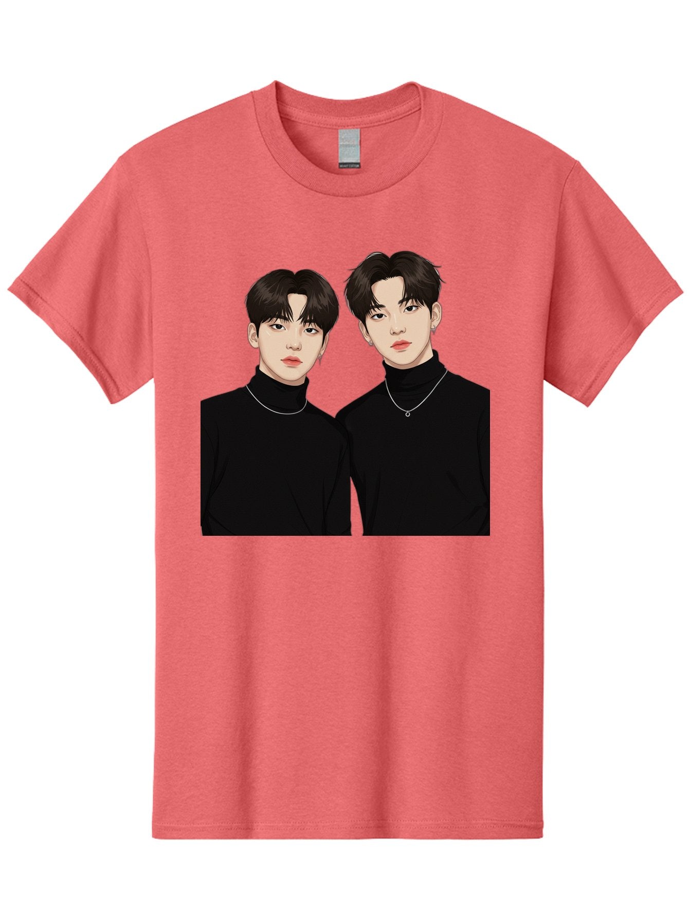 Twin-Guys Men'S Graphic Tee, 100% Cotton, Comfortable Casual Summer Wear, Machine Washable, K-Pop Idols, Male Duo, Black Turtlenecks, Silver Necklaces, Dark Hair, Digital Illustration, Pop Culture Icons, Modern Fashion, Stylish Accessories, Bac525 11