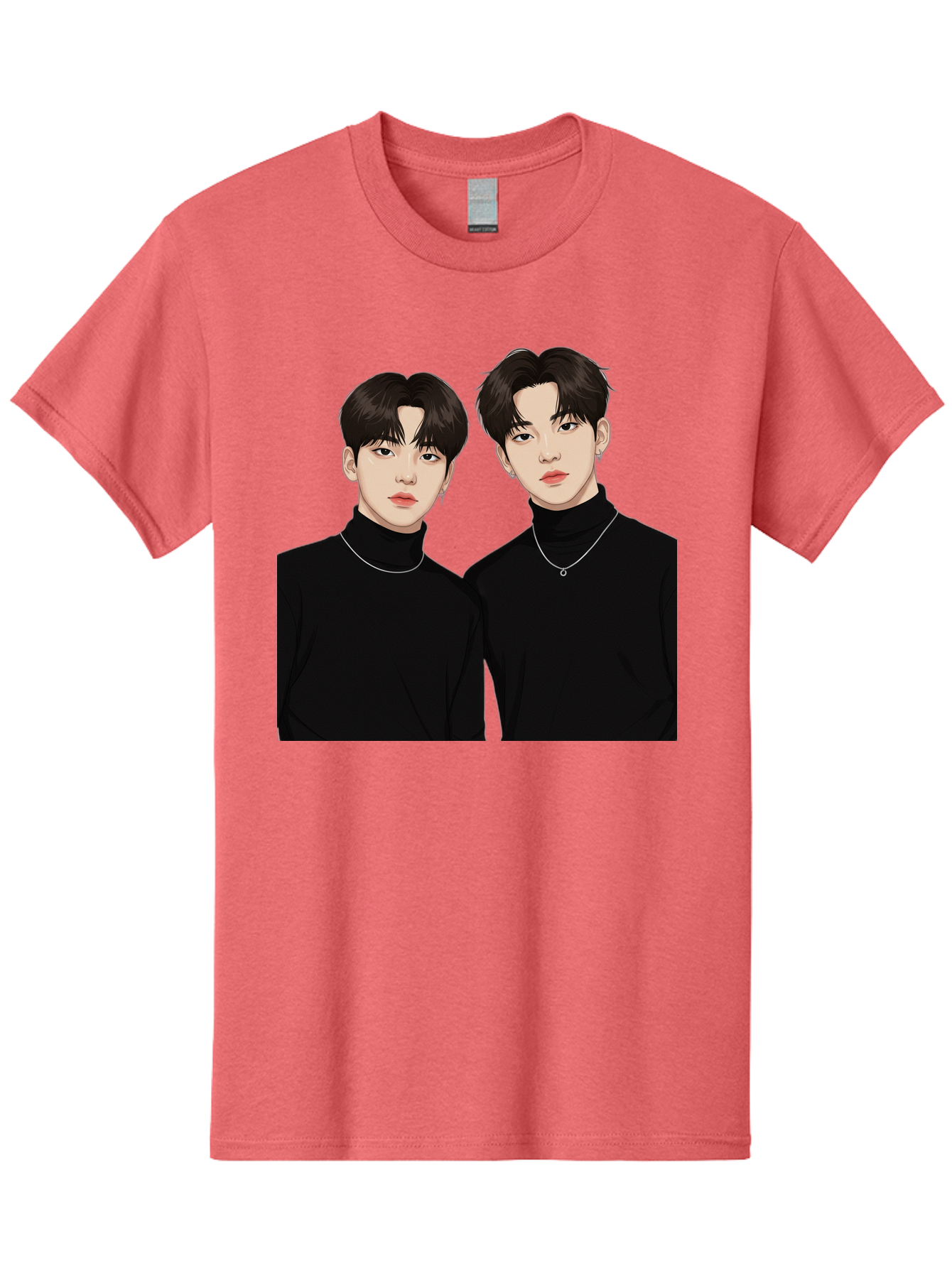 Twin-Guys Men'S Graphic Tee, 100% Cotton, Comfortable Casual Summer Wear, Machine Washable, K-Pop Idols, Male Duo, Black Turtlenecks, Silver Necklaces, Dark Hair, Digital Illustration, Pop Culture Icons, Modern Fashion, Stylish Accessories, Bac525 4