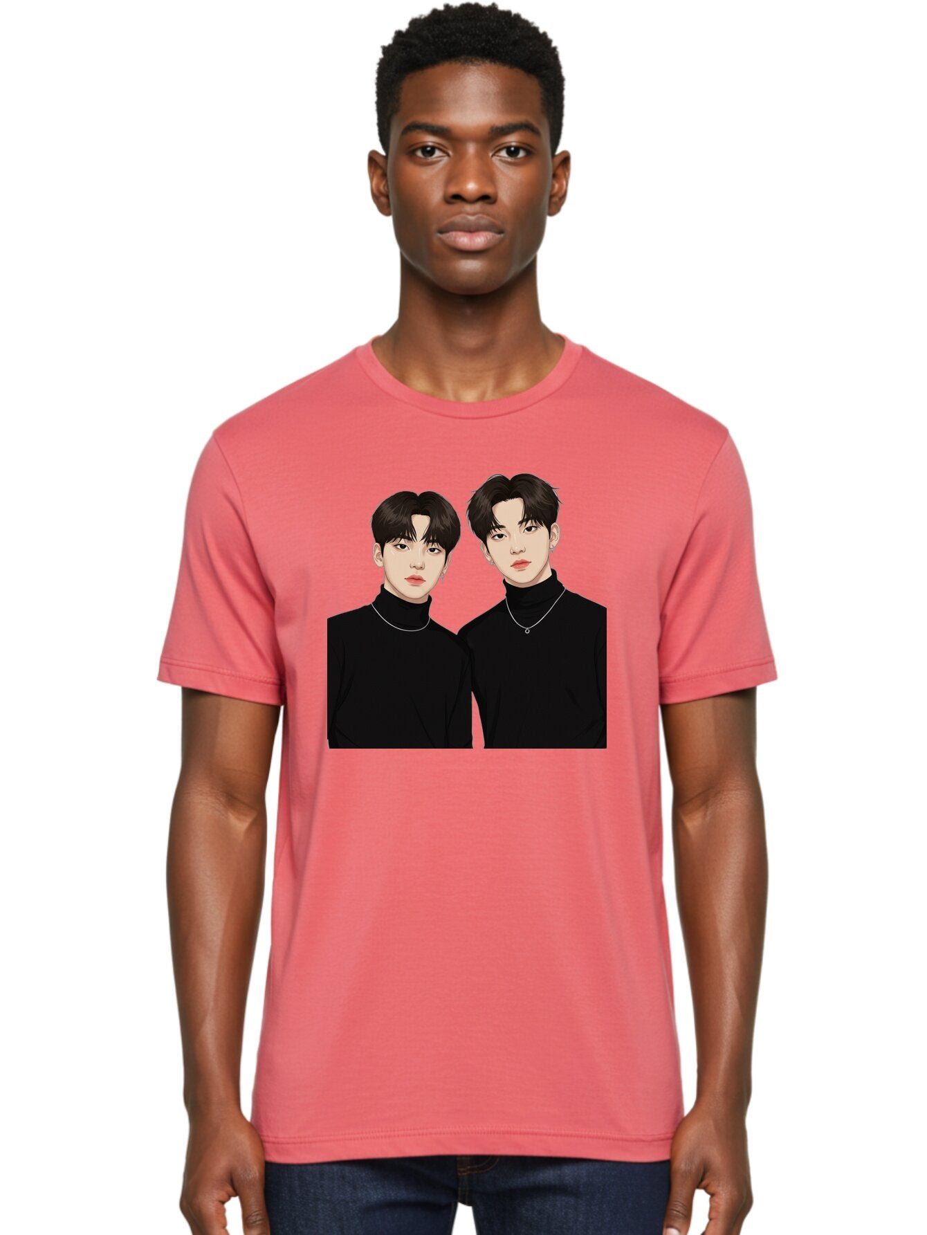 Twin-Guys Men'S Graphic Tee, 100% Cotton, Comfortable Casual Summer Wear, Machine Washable, K-Pop Idols, Male Duo, Black Turtlenecks, Silver Necklaces, Dark Hair, Digital Illustration, Pop Culture Icons, Modern Fashion, Stylish Accessories, Bac525 27