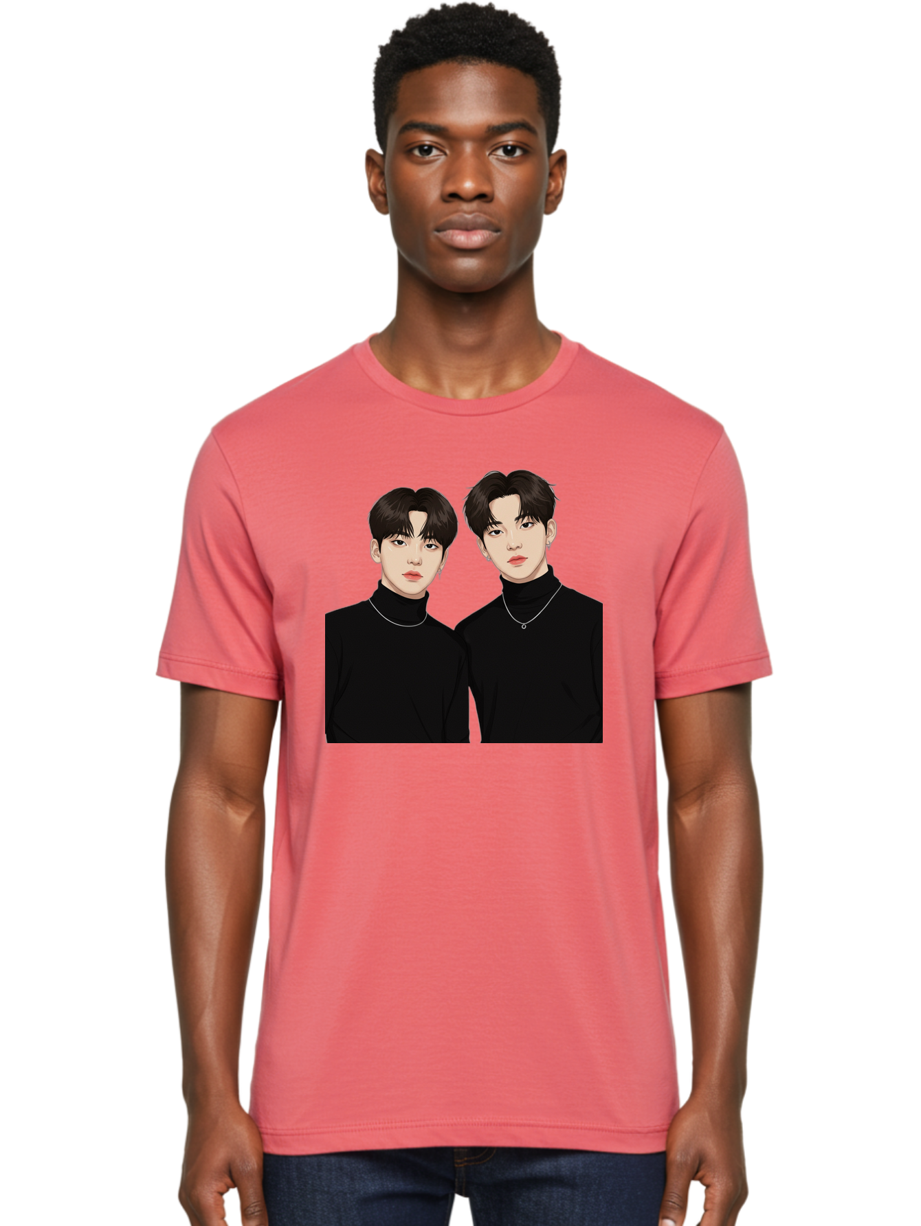 Twin-Guys Men'S Graphic Tee, 100% Cotton, Comfortable Casual Summer Wear, Machine Washable, K-Pop Idols, Male Duo, Black Turtlenecks, Silver Necklaces, Dark Hair, Digital Illustration, Pop Culture Icons, Modern Fashion, Stylish Accessories, Bac525 19