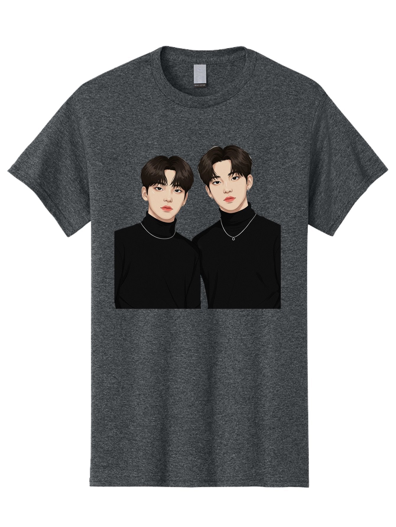 Twin-Guys Men'S Graphic Tee, 100% Cotton, Comfortable Casual Summer Wear, Machine Washable, K-Pop Idols, Male Duo, Black Turtlenecks, Silver Necklaces, Dark Hair, Digital Illustration, Pop Culture Icons, Modern Fashion, Stylish Accessories, Bac525 12