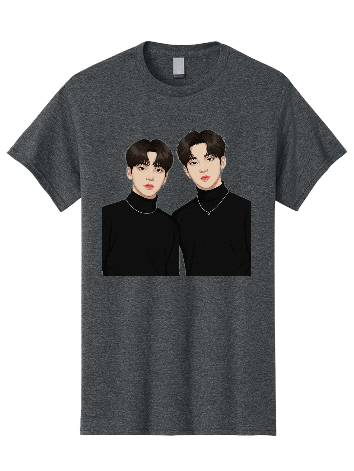 Twin-Guys Men'S Graphic Tee, 100% Cotton, Comfortable Casual Summer Wear, Machine Washable, K-Pop Idols, Male Duo, Black Turtlenecks, Silver Necklaces, Dark Hair, Digital Illustration, Pop Culture Icons, Modern Fashion, Stylish Accessories, Bac525 3