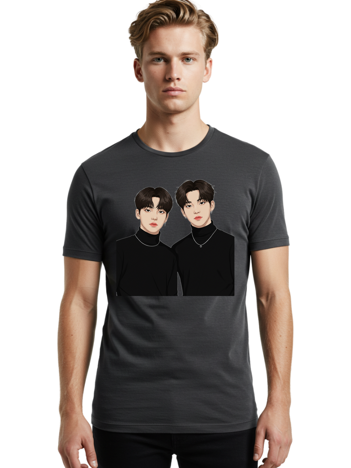 Twin-Guys Men'S Graphic Tee, 100% Cotton, Comfortable Casual Summer Wear, Machine Washable, K-Pop Idols, Male Duo, Black Turtlenecks, Silver Necklaces, Dark Hair, Digital Illustration, Pop Culture Icons, Modern Fashion, Stylish Accessories, Bac525 18