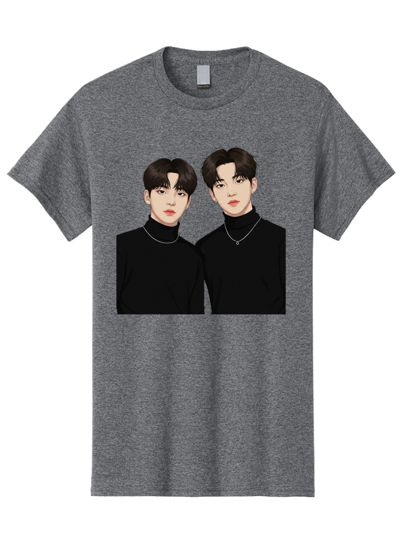 Twin-Guys Men'S Graphic Tee, 100% Cotton, Comfortable Casual Summer Wear, Machine Washable, K-Pop Idols, Male Duo, Black Turtlenecks, Silver Necklaces, Dark Hair, Digital Illustration, Pop Culture Icons, Modern Fashion, Stylish Accessories, Bac525 7
