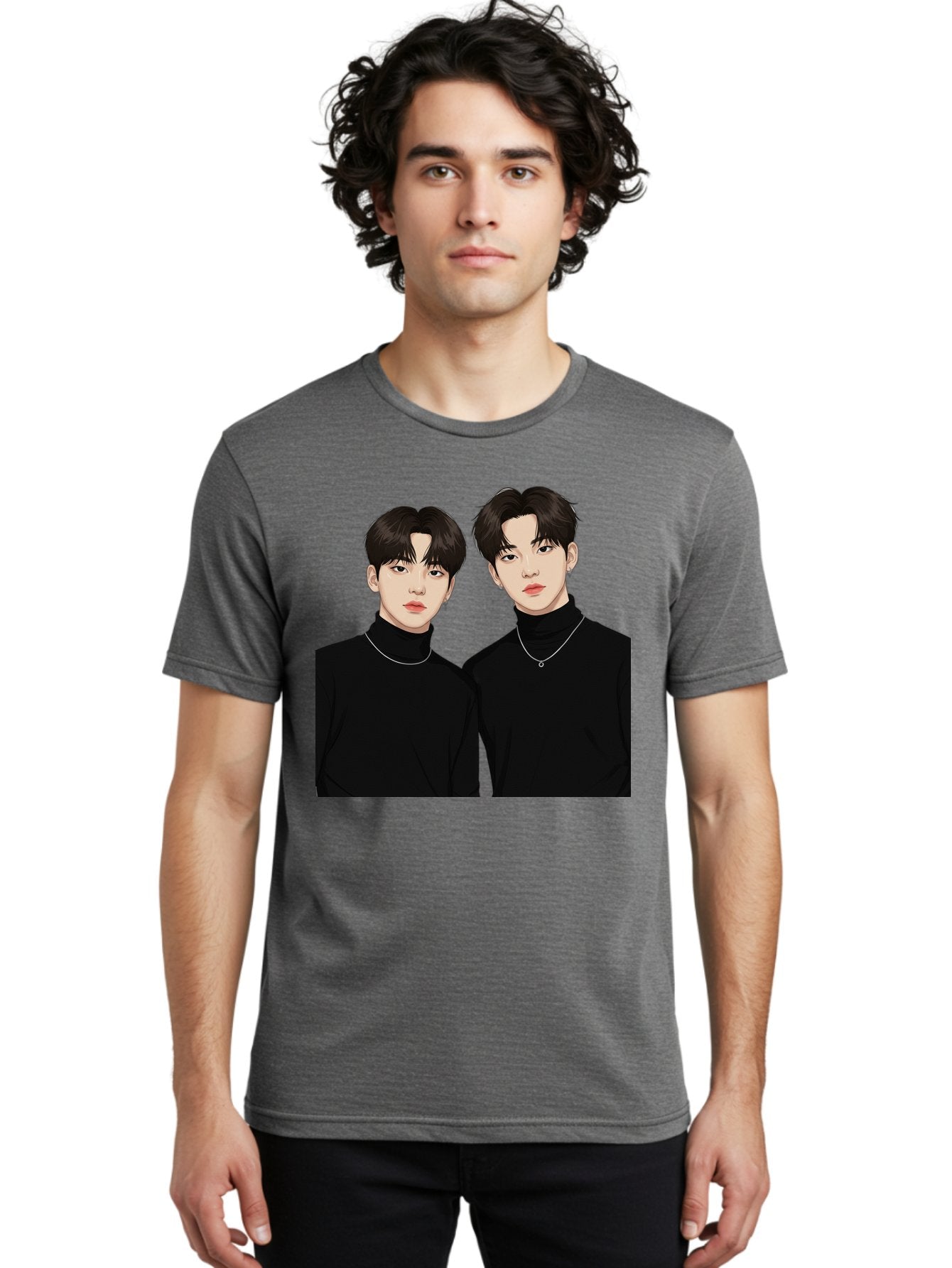 Twin-Guys Men'S Graphic Tee, 100% Cotton, Comfortable Casual Summer Wear, Machine Washable, K-Pop Idols, Male Duo, Black Turtlenecks, Silver Necklaces, Dark Hair, Digital Illustration, Pop Culture Icons, Modern Fashion, Stylish Accessories, Bac525 16
