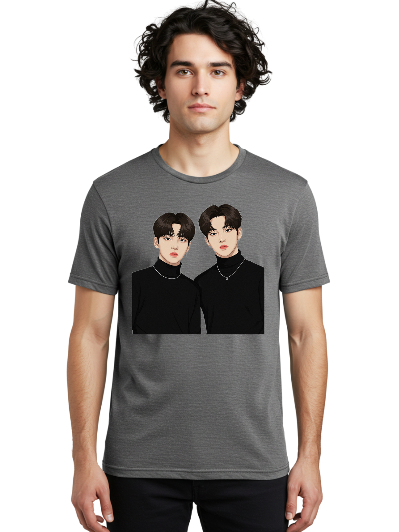 Twin-Guys Men'S Graphic Tee, 100% Cotton, Comfortable Casual Summer Wear, Machine Washable, K-Pop Idols, Male Duo, Black Turtlenecks, Silver Necklaces, Dark Hair, Digital Illustration, Pop Culture Icons, Modern Fashion, Stylish Accessories, Bac525 28
