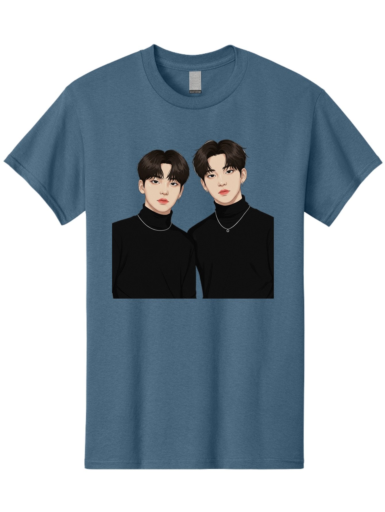 Twin-Guys Men'S Graphic Tee, 100% Cotton, Comfortable Casual Summer Wear, Machine Washable, K-Pop Idols, Male Duo, Black Turtlenecks, Silver Necklaces, Dark Hair, Digital Illustration, Pop Culture Icons, Modern Fashion, Stylish Accessories, Bac525 9