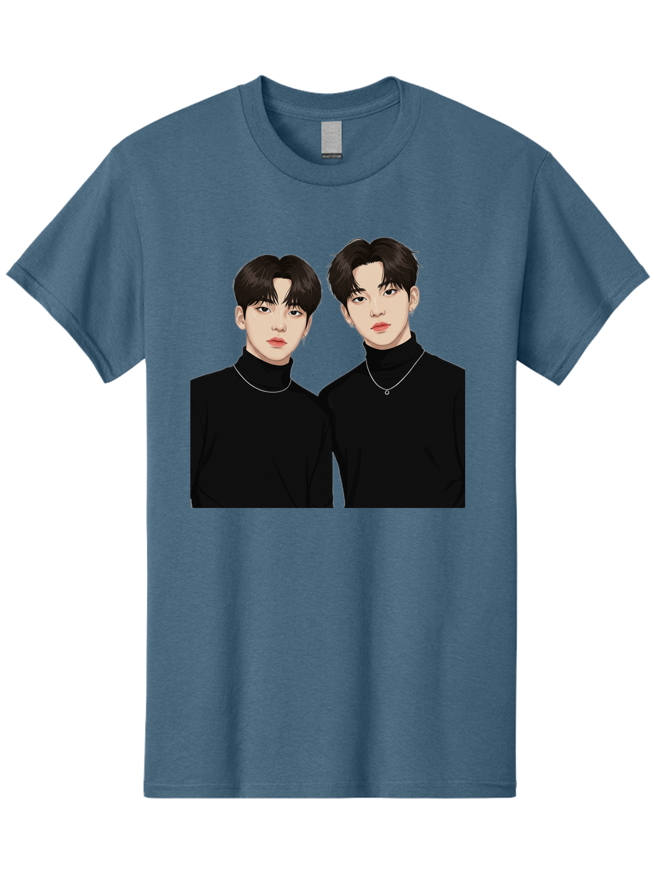 Twin-Guys Men'S Graphic Tee, 100% Cotton, Comfortable Casual Summer Wear, Machine Washable, K-Pop Idols, Male Duo, Black Turtlenecks, Silver Necklaces, Dark Hair, Digital Illustration, Pop Culture Icons, Modern Fashion, Stylish Accessories, Bac525 5