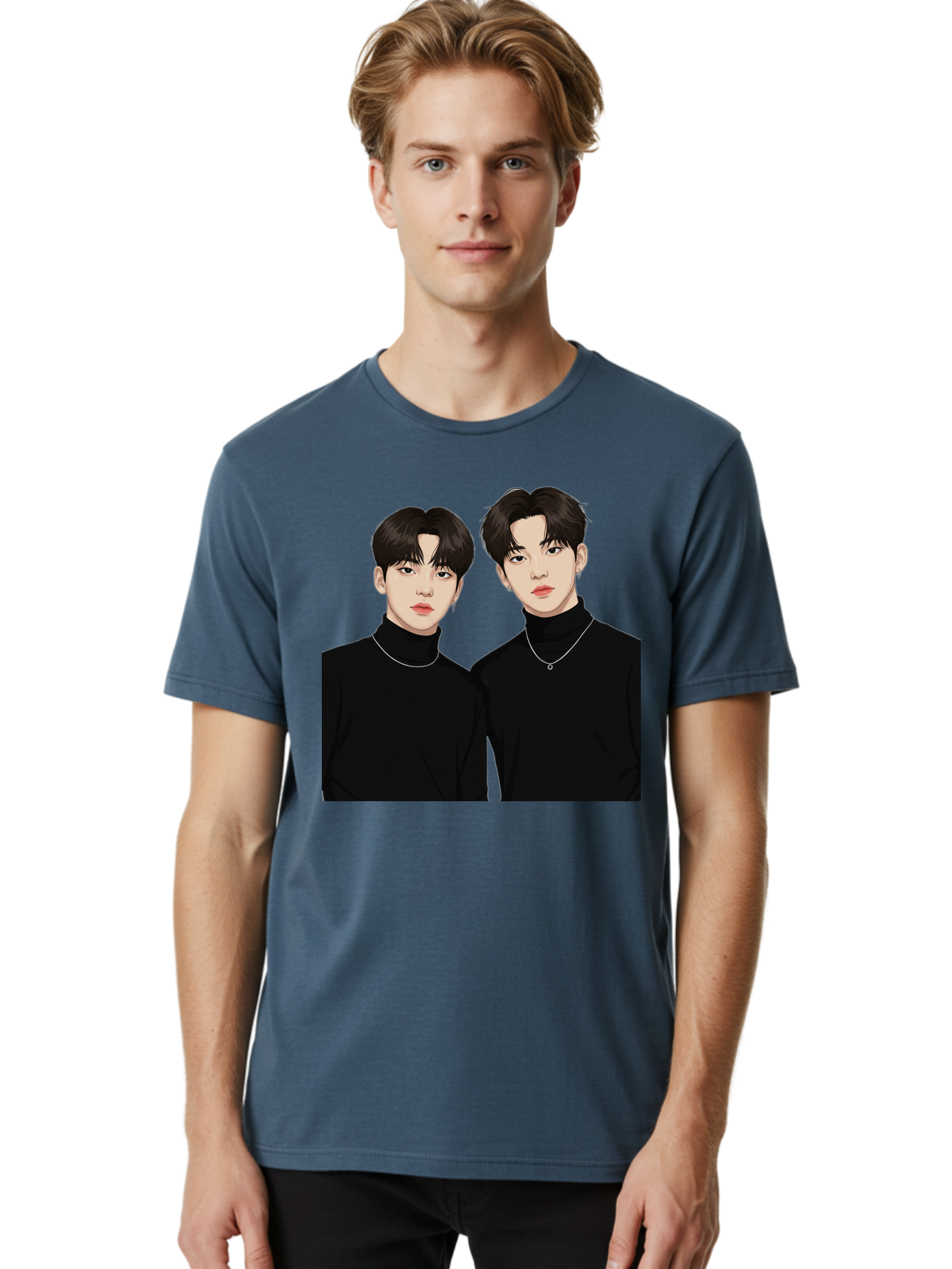 Twin-Guys Men'S Graphic Tee, 100% Cotton, Comfortable Casual Summer Wear, Machine Washable, K-Pop Idols, Male Duo, Black Turtlenecks, Silver Necklaces, Dark Hair, Digital Illustration, Pop Culture Icons, Modern Fashion, Stylish Accessories, Bac525 20