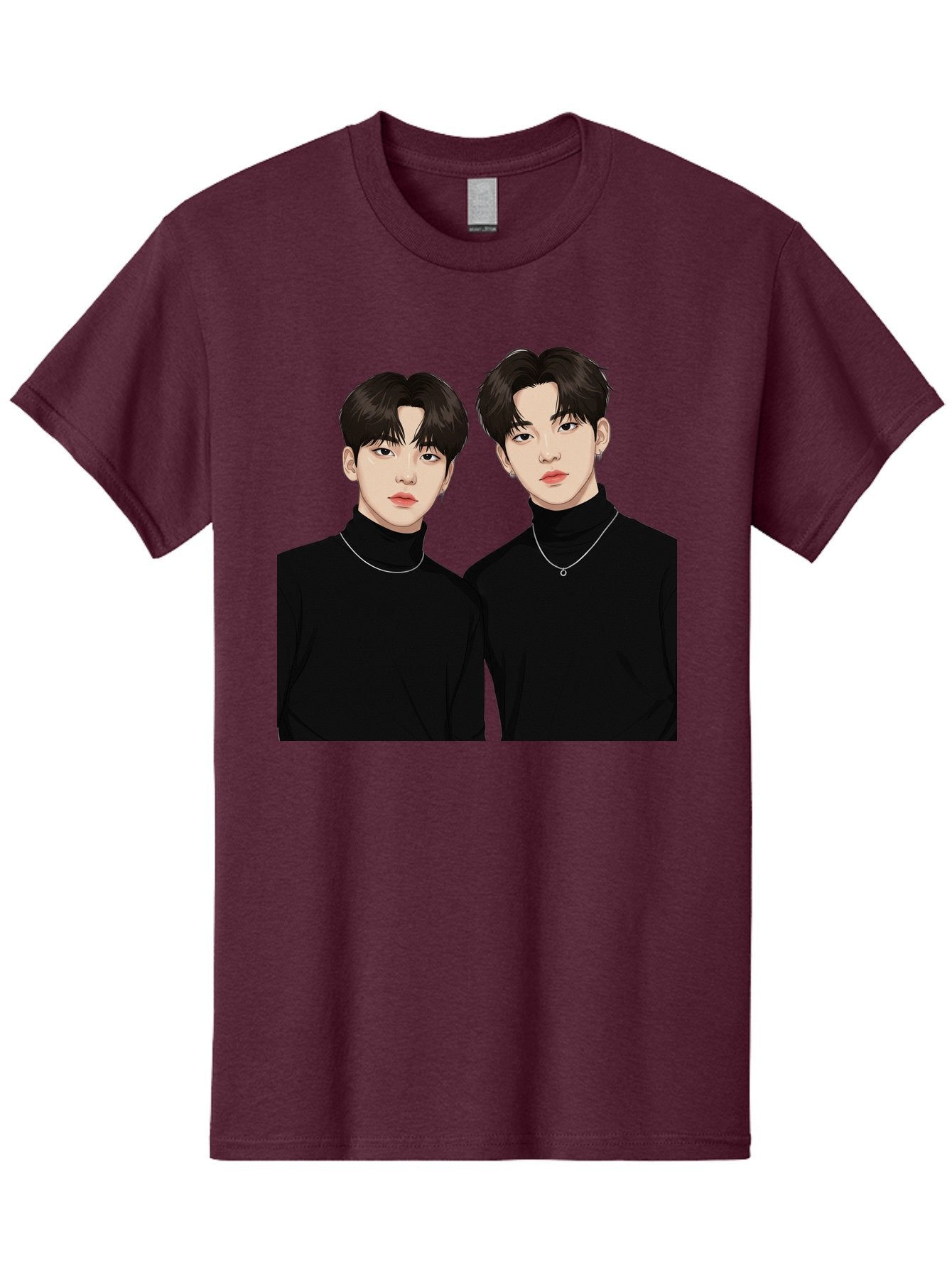 Twin-Guys Men'S Graphic Tee, 100% Cotton, Comfortable Casual Summer Wear, Machine Washable, K-Pop Idols, Male Duo, Black Turtlenecks, Silver Necklaces, Dark Hair, Digital Illustration, Pop Culture Icons, Modern Fashion, Stylish Accessories, Bac525 14