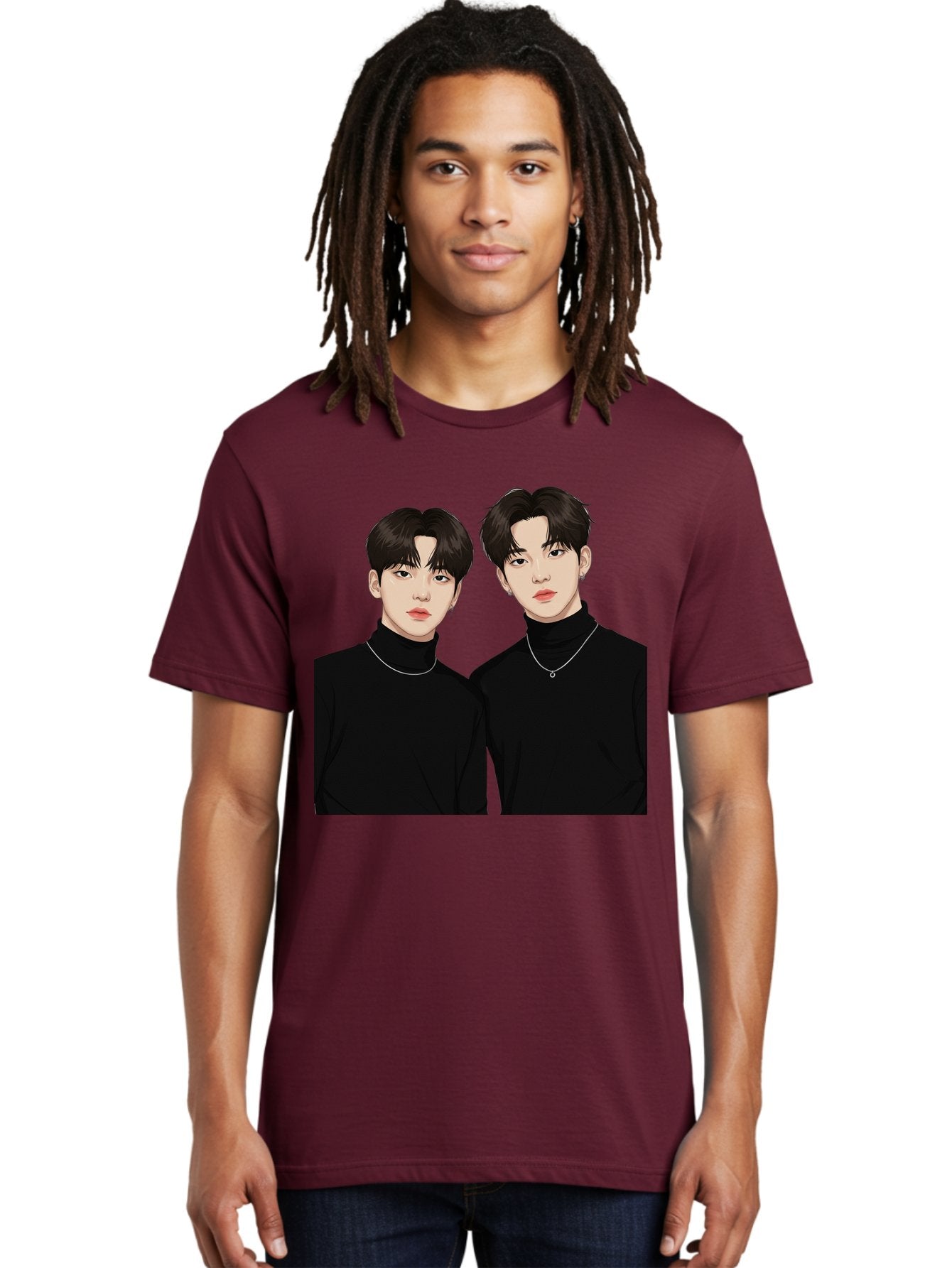 Twin-Guys Men'S Graphic Tee, 100% Cotton, Comfortable Casual Summer Wear, Machine Washable, K-Pop Idols, Male Duo, Black Turtlenecks, Silver Necklaces, Dark Hair, Digital Illustration, Pop Culture Icons, Modern Fashion, Stylish Accessories, Bac525 29