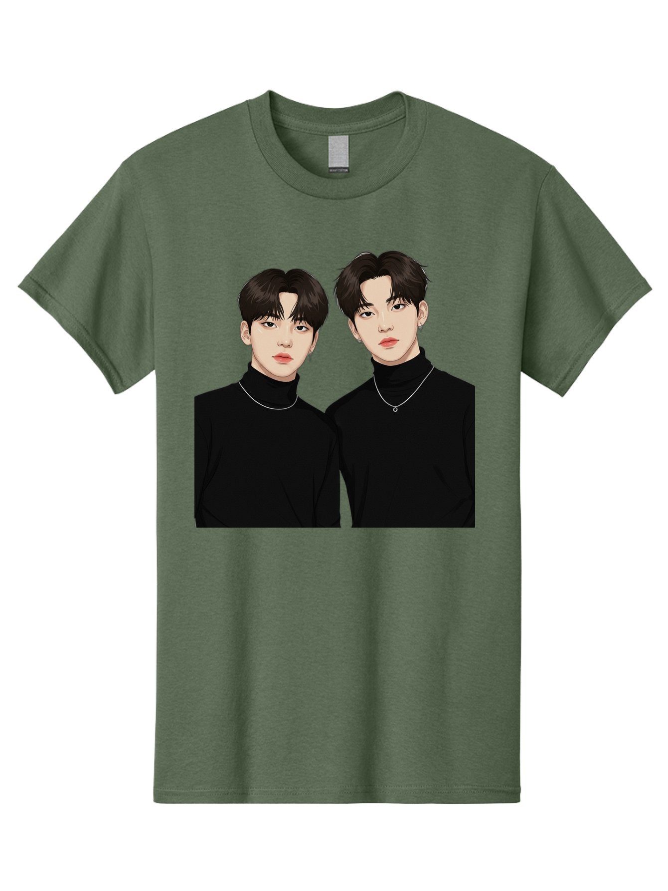 Twin-Guys Men'S Graphic Tee, 100% Cotton, Comfortable Casual Summer Wear, Machine Washable, K-Pop Idols, Male Duo, Black Turtlenecks, Silver Necklaces, Dark Hair, Digital Illustration, Pop Culture Icons, Modern Fashion, Stylish Accessories, Bac525 4