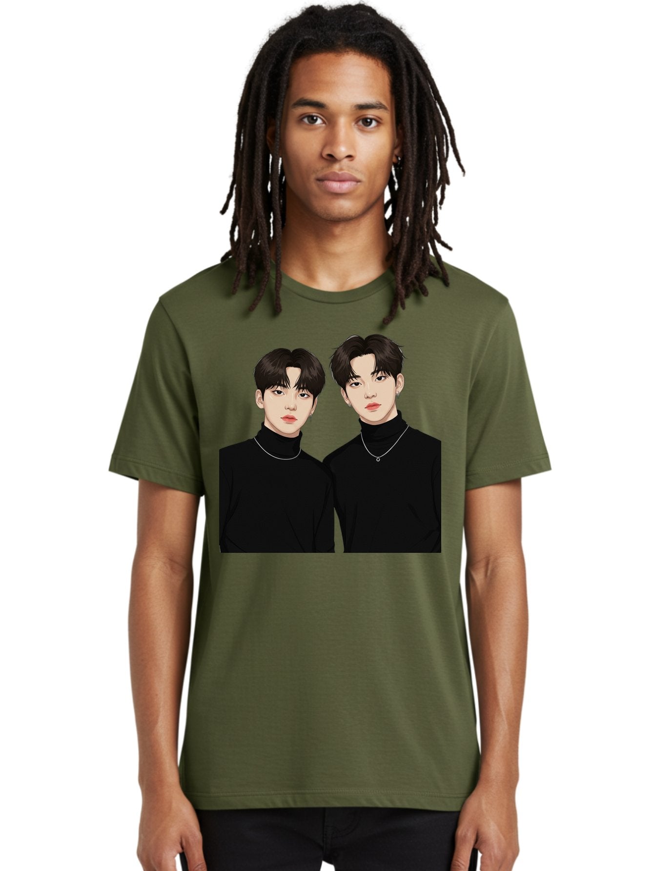 Twin-Guys Men'S Graphic Tee, 100% Cotton, Comfortable Casual Summer Wear, Machine Washable, K-Pop Idols, Male Duo, Black Turtlenecks, Silver Necklaces, Dark Hair, Digital Illustration, Pop Culture Icons, Modern Fashion, Stylish Accessories, Bac525 18