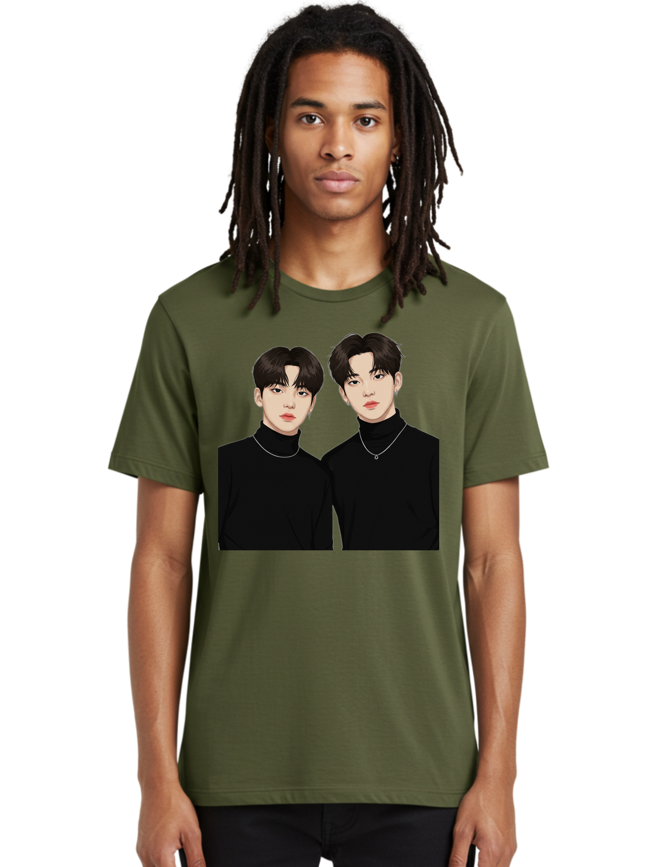 Twin-Guys Men'S Graphic Tee, 100% Cotton, Comfortable Casual Summer Wear, Machine Washable, K-Pop Idols, Male Duo, Black Turtlenecks, Silver Necklaces, Dark Hair, Digital Illustration, Pop Culture Icons, Modern Fashion, Stylish Accessories, Bac525 27