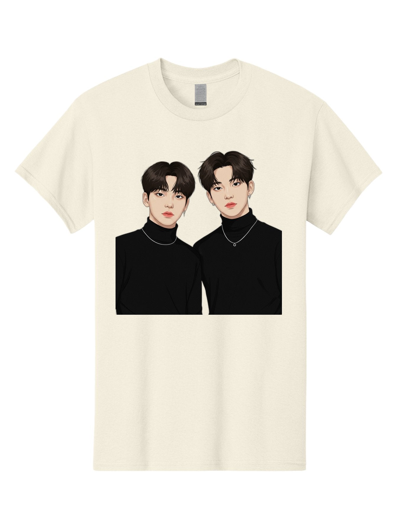 Twin-Guys Men'S Graphic Tee, 100% Cotton, Comfortable Casual Summer Wear, Machine Washable, K-Pop Idols, Male Duo, Black Turtlenecks, Silver Necklaces, Dark Hair, Digital Illustration, Pop Culture Icons, Modern Fashion, Stylish Accessories, Bac525 10