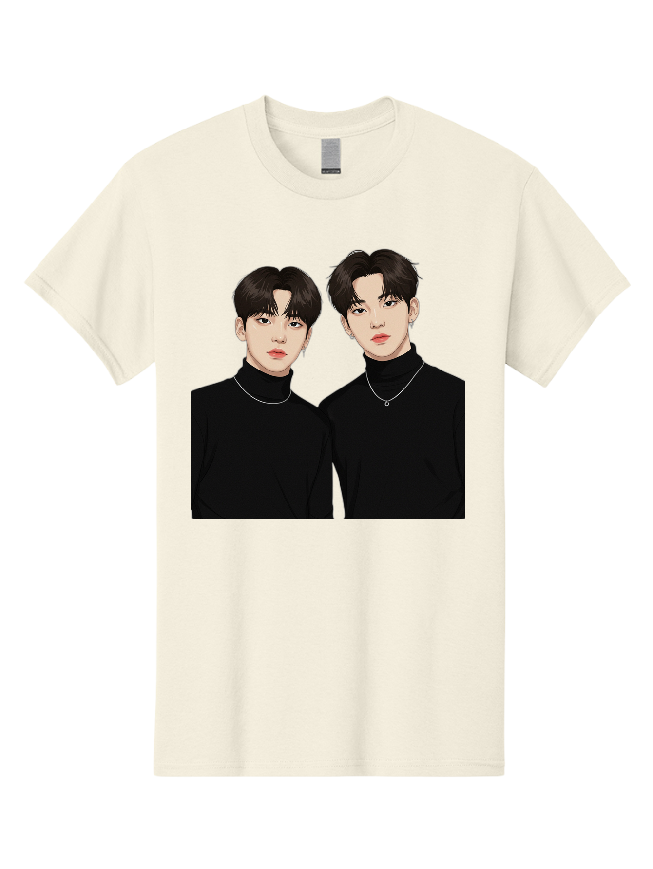 Twin-Guys Men'S Graphic Tee, 100% Cotton, Comfortable Casual Summer Wear, Machine Washable, K-Pop Idols, Male Duo, Black Turtlenecks, Silver Necklaces, Dark Hair, Digital Illustration, Pop Culture Icons, Modern Fashion, Stylish Accessories, Bac525 14