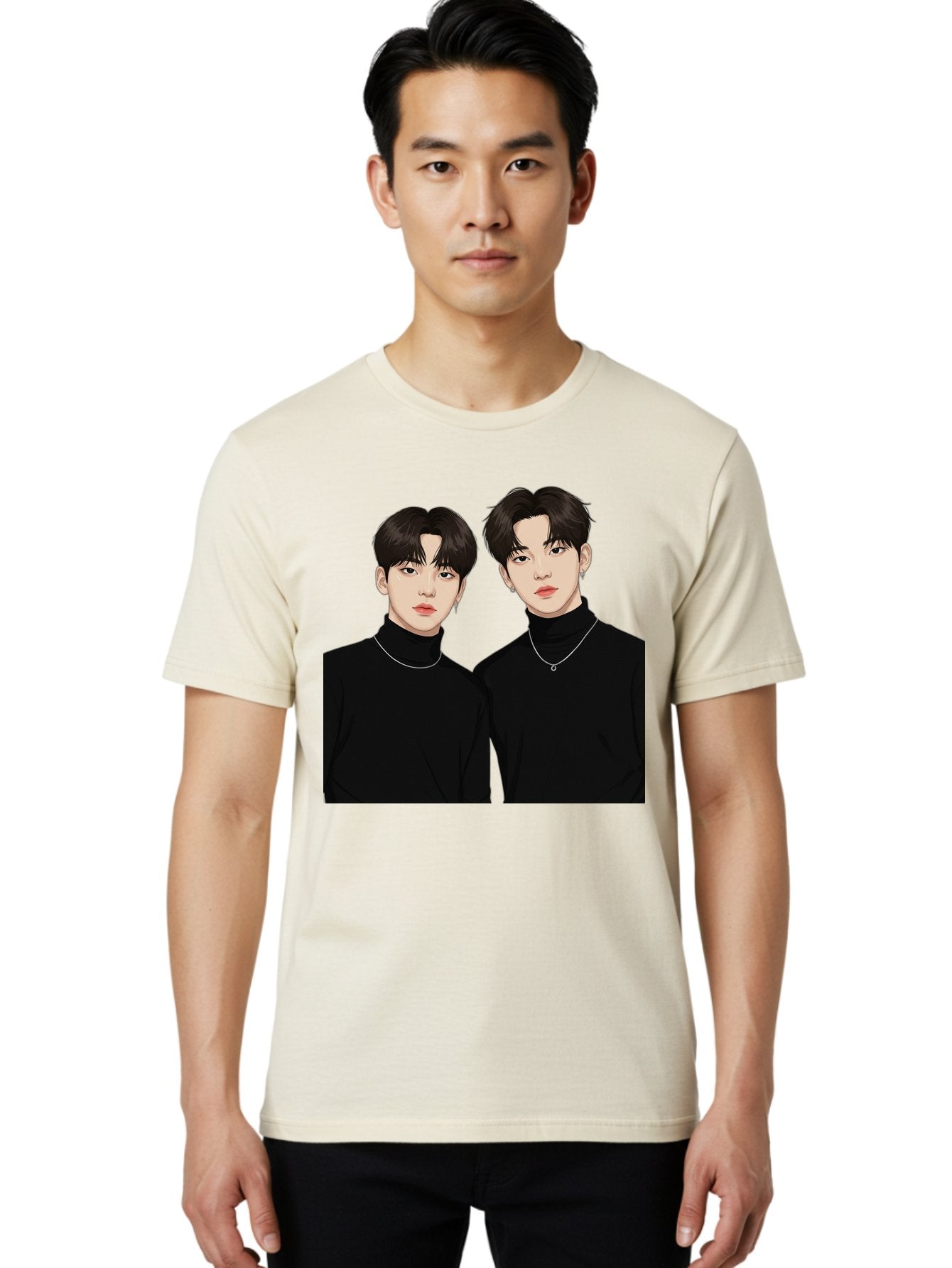 Twin-Guys Men'S Graphic Tee, 100% Cotton, Comfortable Casual Summer Wear, Machine Washable, K-Pop Idols, Male Duo, Black Turtlenecks, Silver Necklaces, Dark Hair, Digital Illustration, Pop Culture Icons, Modern Fashion, Stylish Accessories, Bac525 17