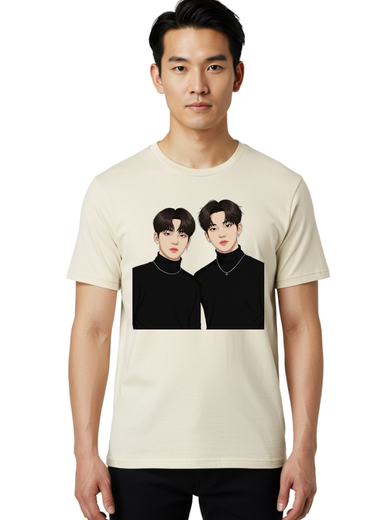 Twin-Guys Men'S Graphic Tee, 100% Cotton, Comfortable Casual Summer Wear, Machine Washable, K-Pop Idols, Male Duo, Black Turtlenecks, Silver Necklaces, Dark Hair, Digital Illustration, Pop Culture Icons, Modern Fashion, Stylish Accessories, Bac525 29