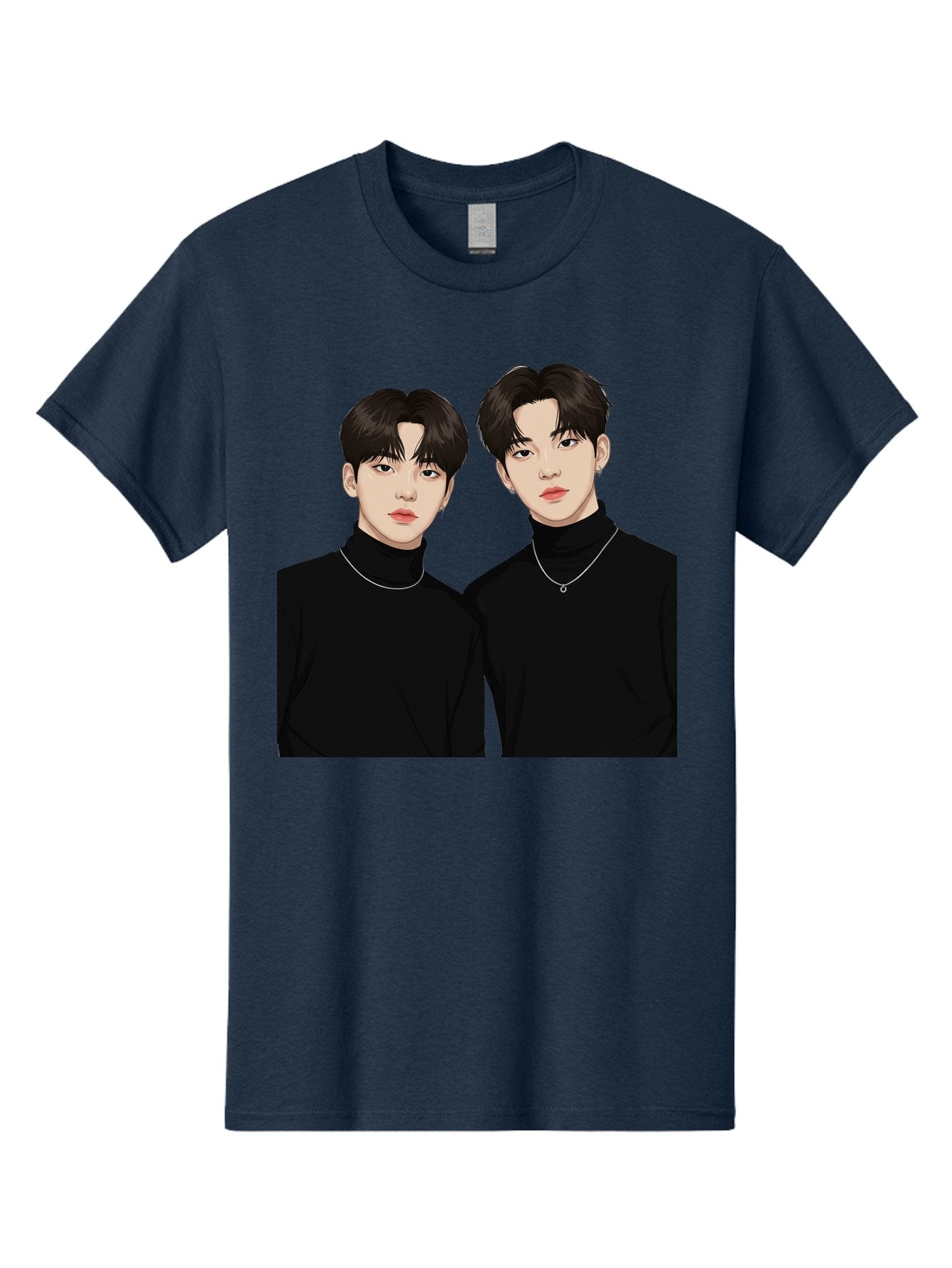 Twin-Guys Men'S Graphic Tee, 100% Cotton, Comfortable Casual Summer Wear, Machine Washable, K-Pop Idols, Male Duo, Black Turtlenecks, Silver Necklaces, Dark Hair, Digital Illustration, Pop Culture Icons, Modern Fashion, Stylish Accessories, Bac525 8