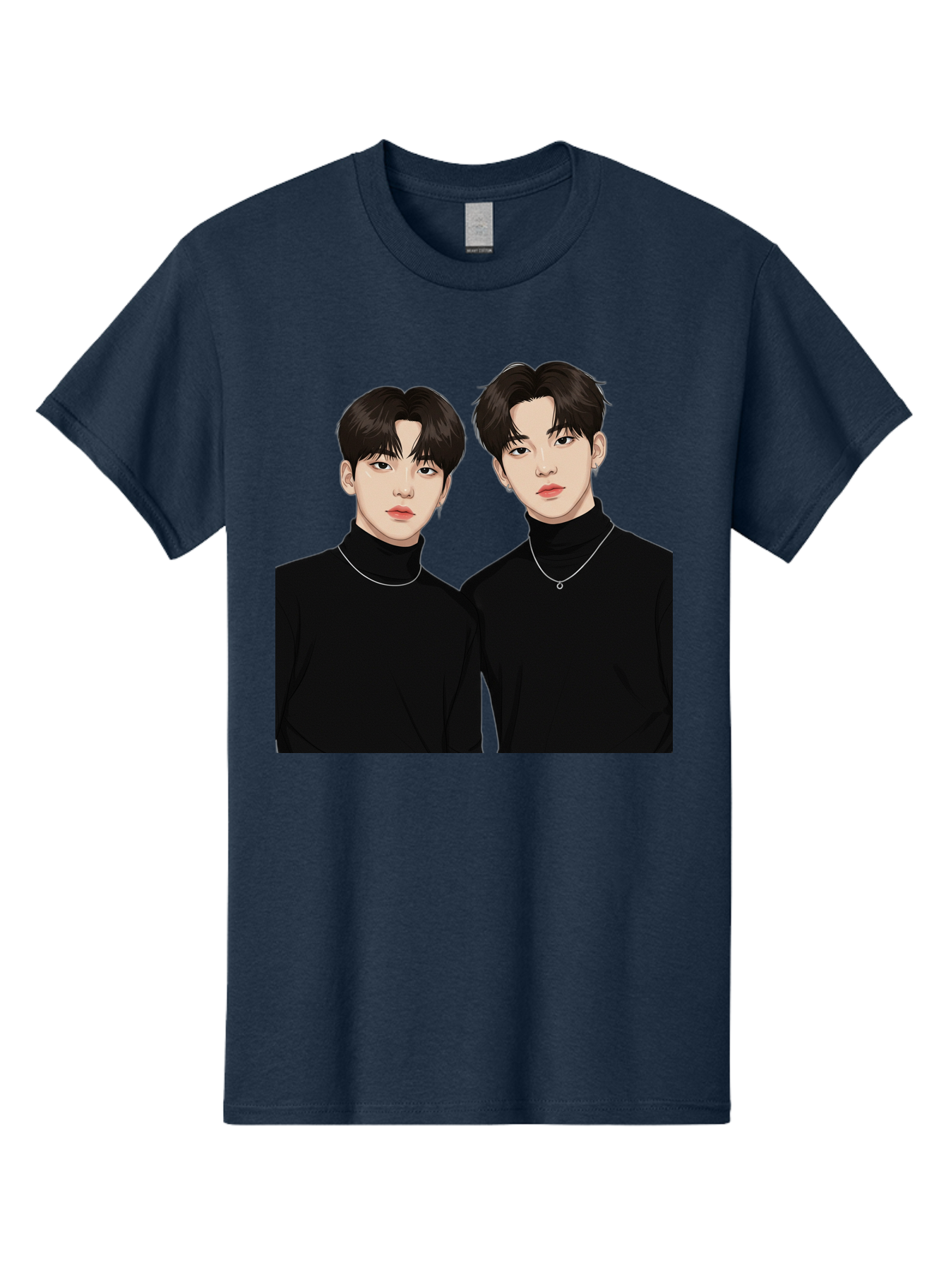 Twin-Guys Men'S Graphic Tee, 100% Cotton, Comfortable Casual Summer Wear, Machine Washable, K-Pop Idols, Male Duo, Black Turtlenecks, Silver Necklaces, Dark Hair, Digital Illustration, Pop Culture Icons, Modern Fashion, Stylish Accessories, Bac525 6