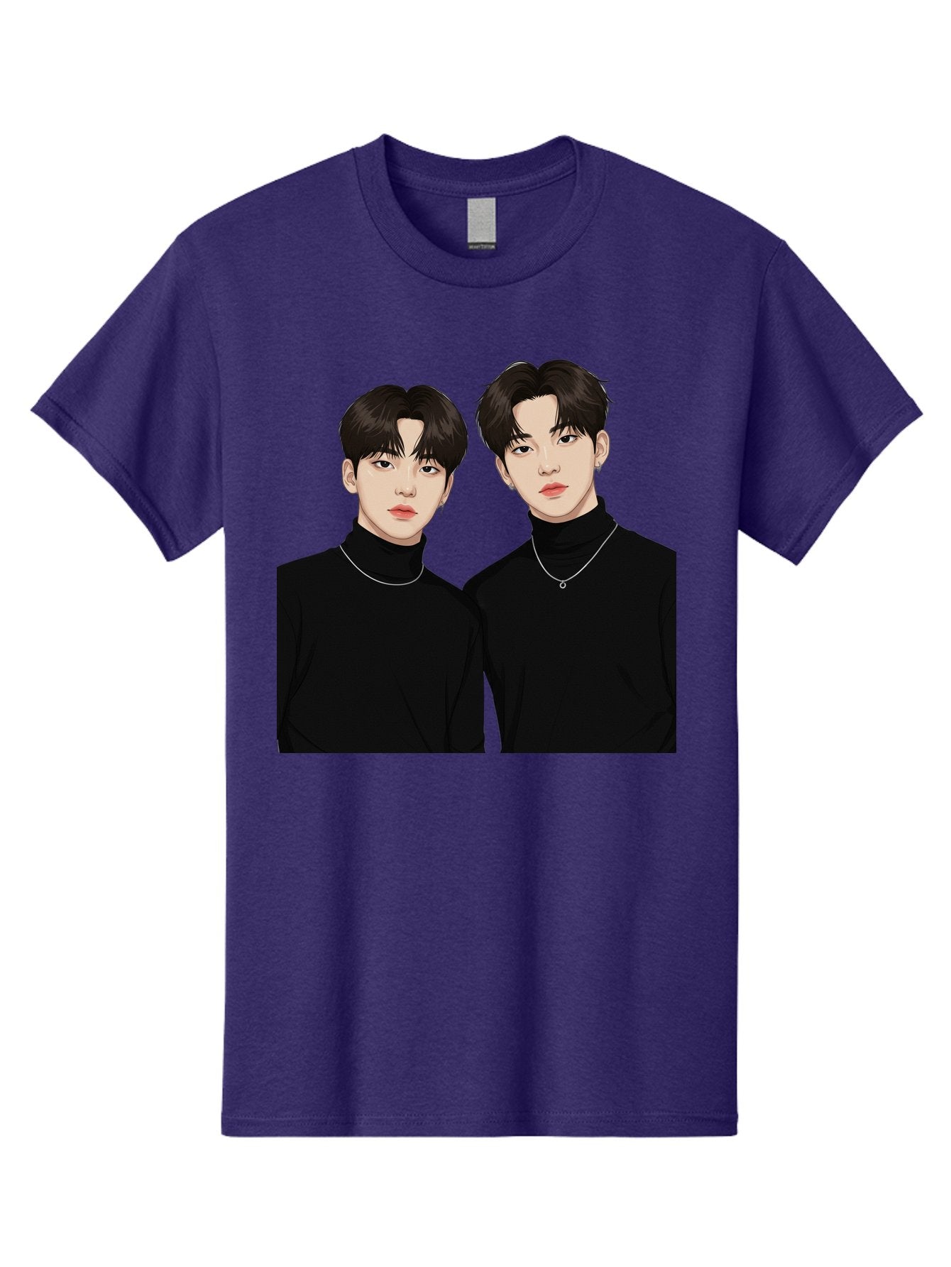Twin-Guys Men'S Graphic Tee, 100% Cotton, Comfortable Casual Summer Wear, Machine Washable, K-Pop Idols, Male Duo, Black Turtlenecks, Silver Necklaces, Dark Hair, Digital Illustration, Pop Culture Icons, Modern Fashion, Stylish Accessories, Bac525