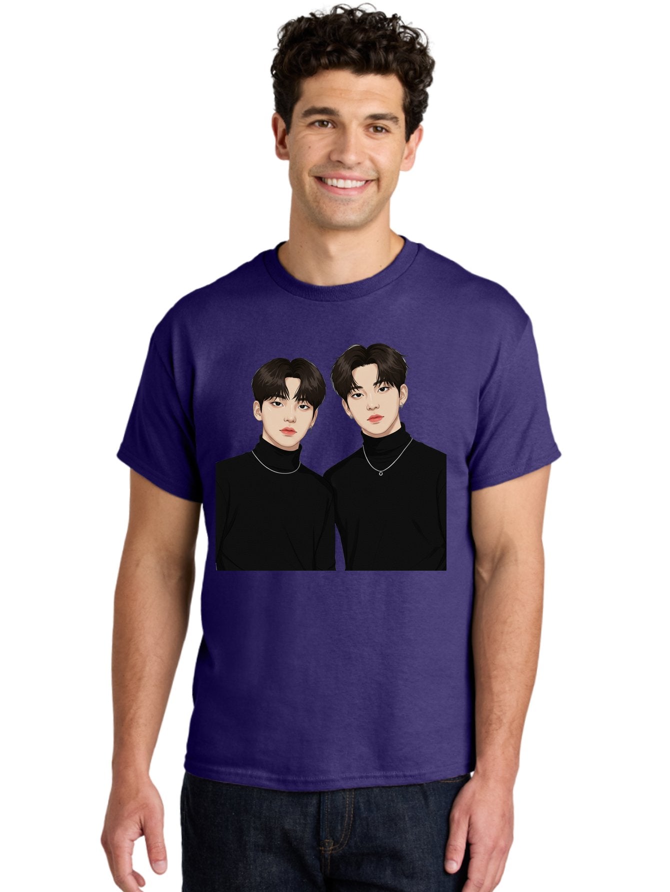 Twin-Guys Men'S Graphic Tee, 100% Cotton, Comfortable Casual Summer Wear, Machine Washable, K-Pop Idols, Male Duo, Black Turtlenecks, Silver Necklaces, Dark Hair, Digital Illustration, Pop Culture Icons, Modern Fashion, Stylish Accessories, Bac525 21