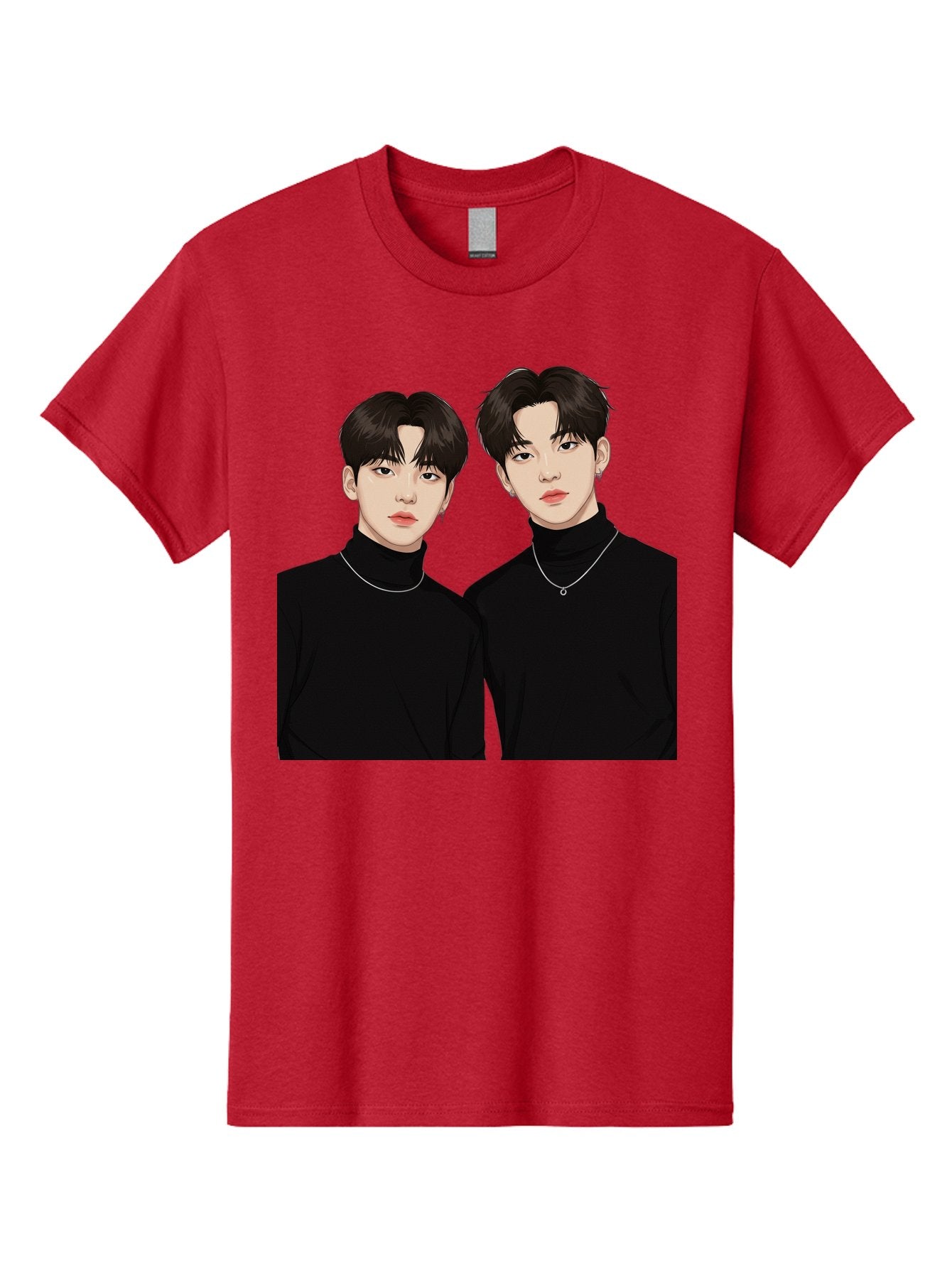 Twin-Guys Men'S Graphic Tee, 100% Cotton, Comfortable Casual Summer Wear, Machine Washable, K-Pop Idols, Male Duo, Black Turtlenecks, Silver Necklaces, Dark Hair, Digital Illustration, Pop Culture Icons, Modern Fashion, Stylish Accessories, Bac525 15