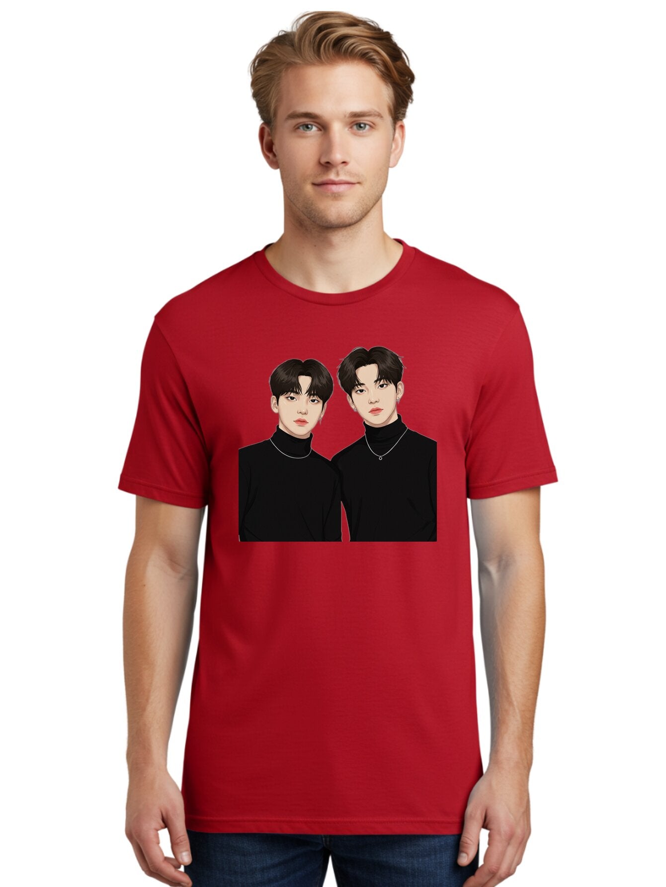 Twin-Guys Men'S Graphic Tee, 100% Cotton, Comfortable Casual Summer Wear, Machine Washable, K-Pop Idols, Male Duo, Black Turtlenecks, Silver Necklaces, Dark Hair, Digital Illustration, Pop Culture Icons, Modern Fashion, Stylish Accessories, Bac525 30