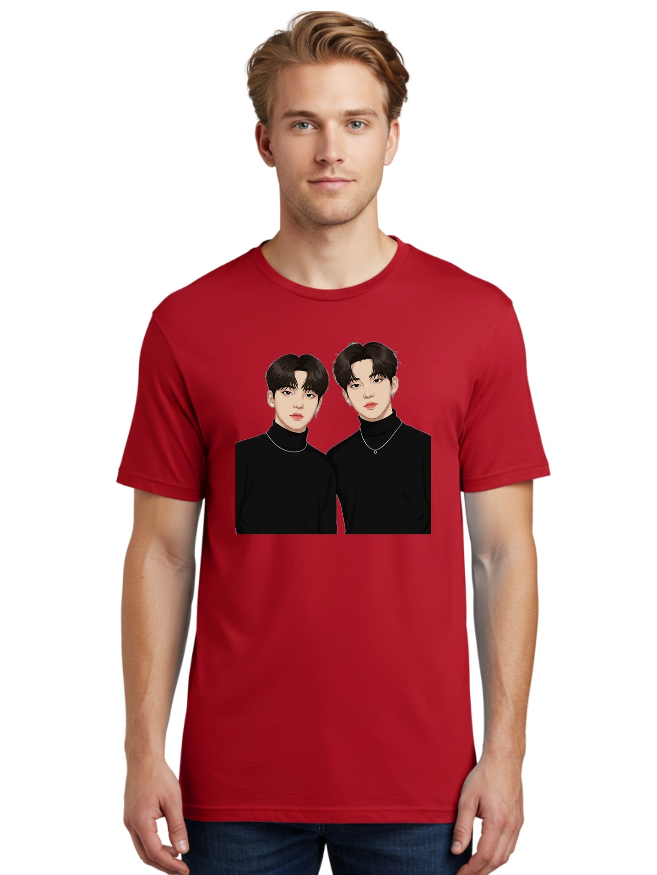 Twin-Guys Men'S Graphic Tee, 100% Cotton, Comfortable Casual Summer Wear, Machine Washable, K-Pop Idols, Male Duo, Black Turtlenecks, Silver Necklaces, Dark Hair, Digital Illustration, Pop Culture Icons, Modern Fashion, Stylish Accessories, Bac525 16