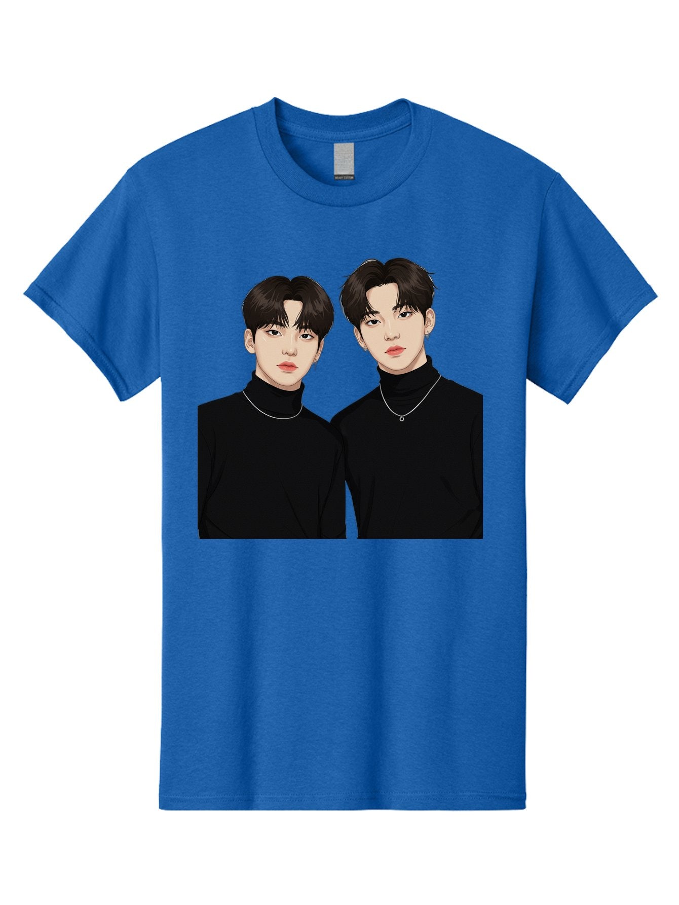 Twin-Guys Men'S Graphic Tee, 100% Cotton, Comfortable Casual Summer Wear, Machine Washable, K-Pop Idols, Male Duo, Black Turtlenecks, Silver Necklaces, Dark Hair, Digital Illustration, Pop Culture Icons, Modern Fashion, Stylish Accessories, Bac525 6