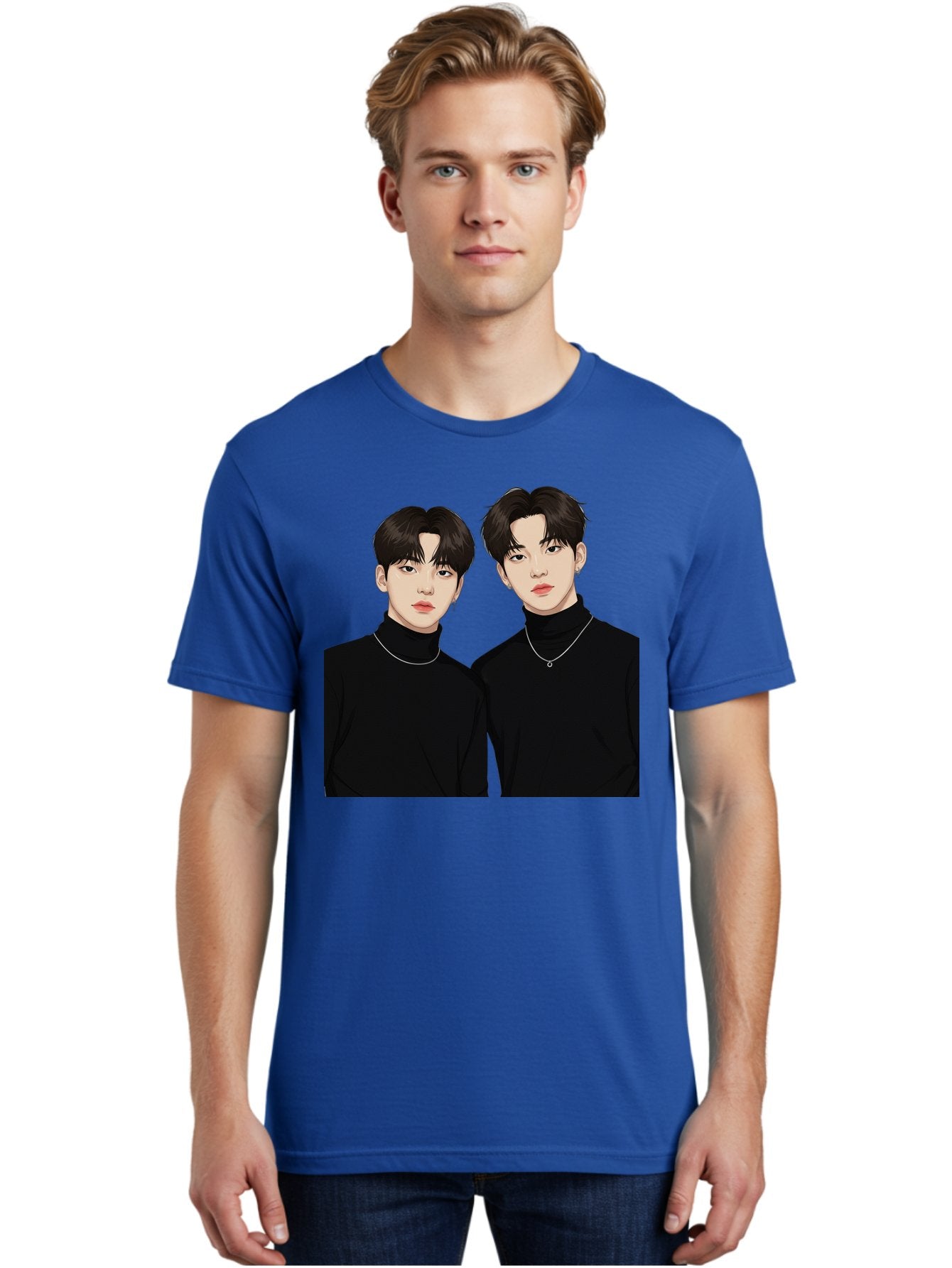 Twin-Guys Men'S Graphic Tee, 100% Cotton, Comfortable Casual Summer Wear, Machine Washable, K-Pop Idols, Male Duo, Black Turtlenecks, Silver Necklaces, Dark Hair, Digital Illustration, Pop Culture Icons, Modern Fashion, Stylish Accessories, Bac525 24