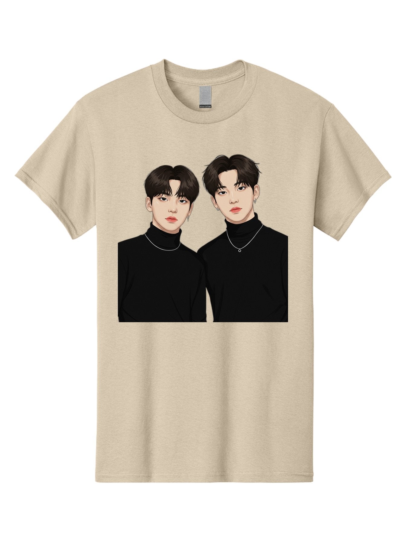 Twin-Guys Men'S Graphic Tee, 100% Cotton, Comfortable Casual Summer Wear, Machine Washable, K-Pop Idols, Male Duo, Black Turtlenecks, Silver Necklaces, Dark Hair, Digital Illustration, Pop Culture Icons, Modern Fashion, Stylish Accessories, Bac525 3