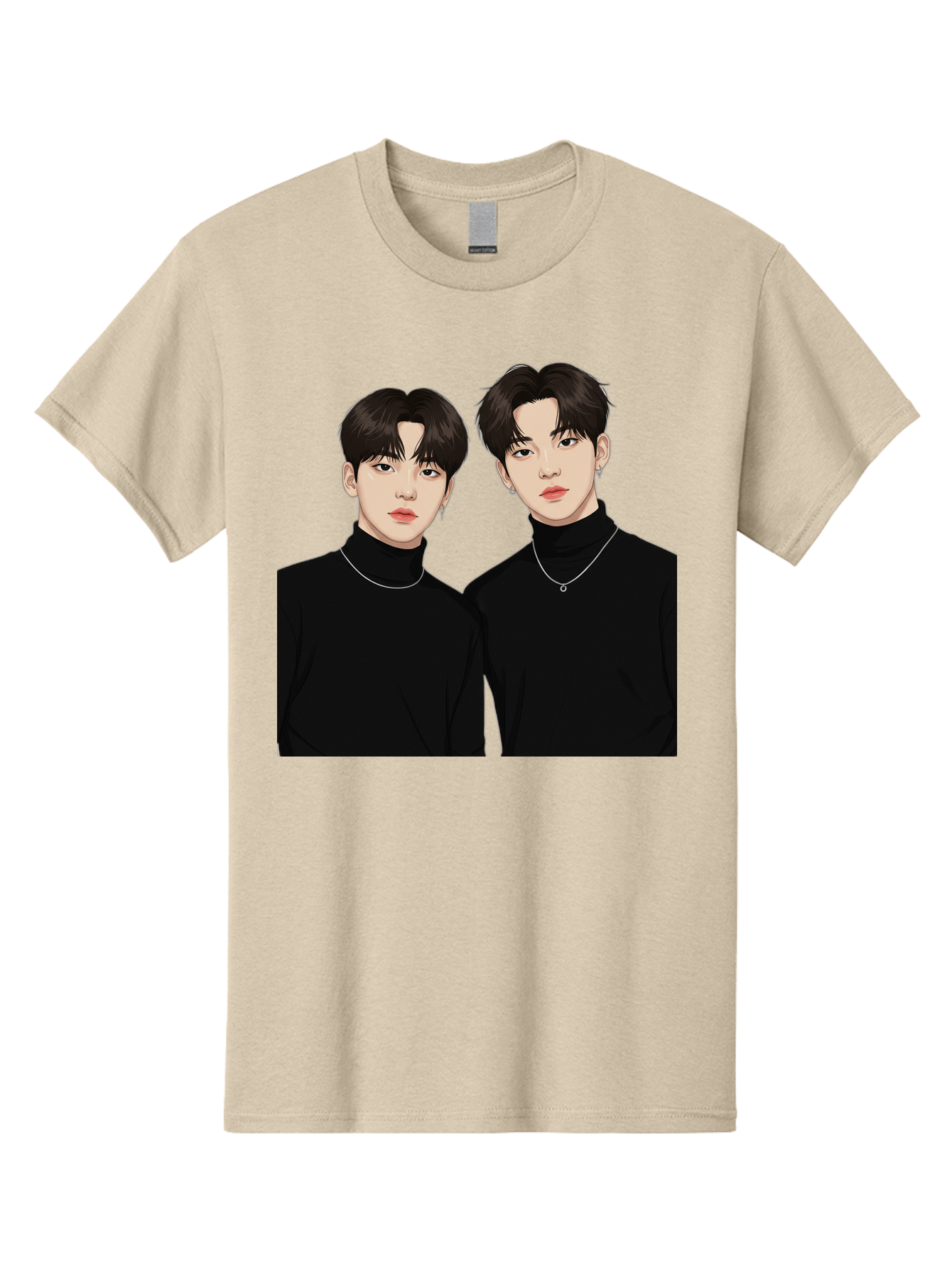 Twin-Guys Men'S Graphic Tee, 100% Cotton, Comfortable Casual Summer Wear, Machine Washable, K-Pop Idols, Male Duo, Black Turtlenecks, Silver Necklaces, Dark Hair, Digital Illustration, Pop Culture Icons, Modern Fashion, Stylish Accessories, Bac525 9
