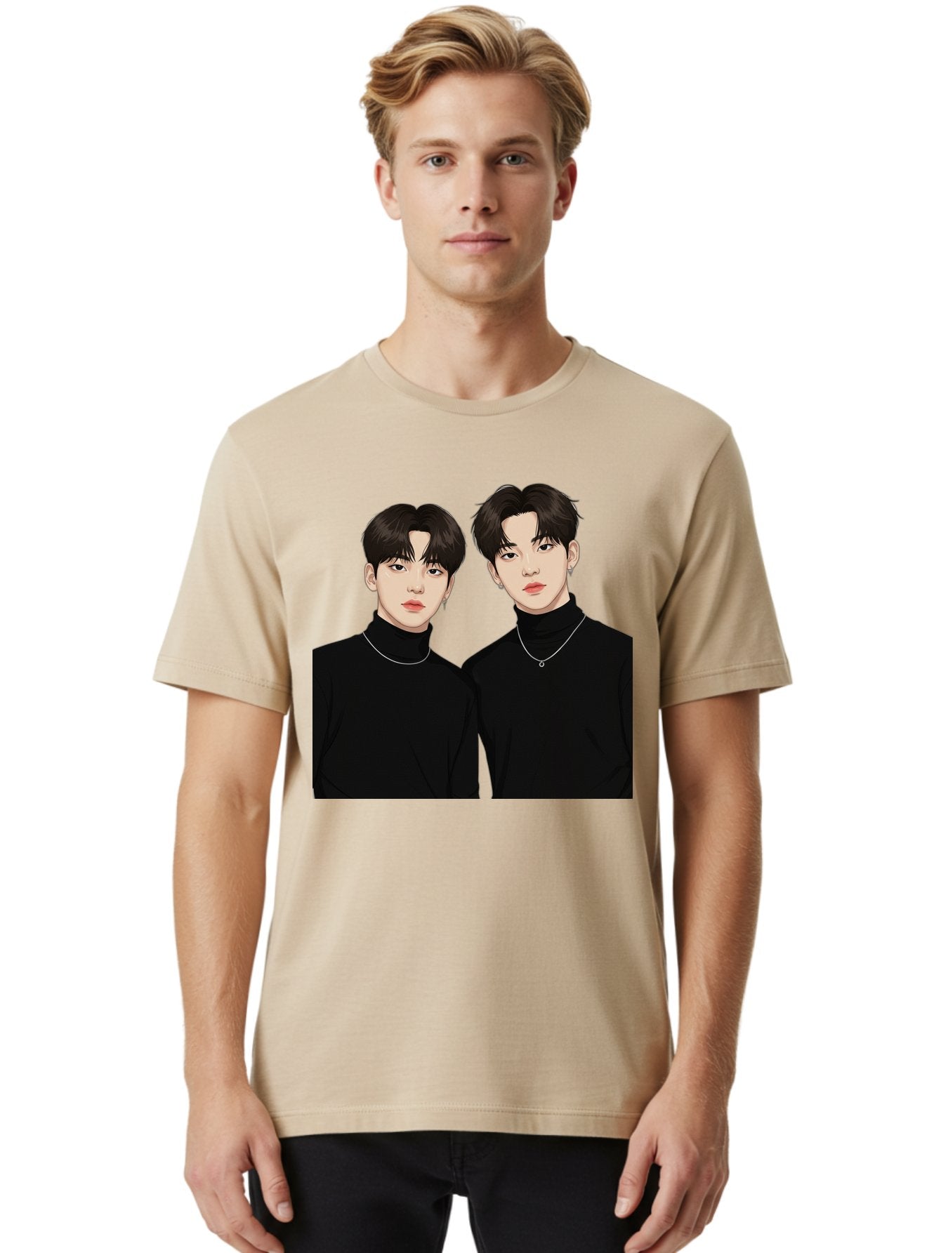 Twin-Guys Men'S Graphic Tee, 100% Cotton, Comfortable Casual Summer Wear, Machine Washable, K-Pop Idols, Male Duo, Black Turtlenecks, Silver Necklaces, Dark Hair, Digital Illustration, Pop Culture Icons, Modern Fashion, Stylish Accessories, Bac525 22