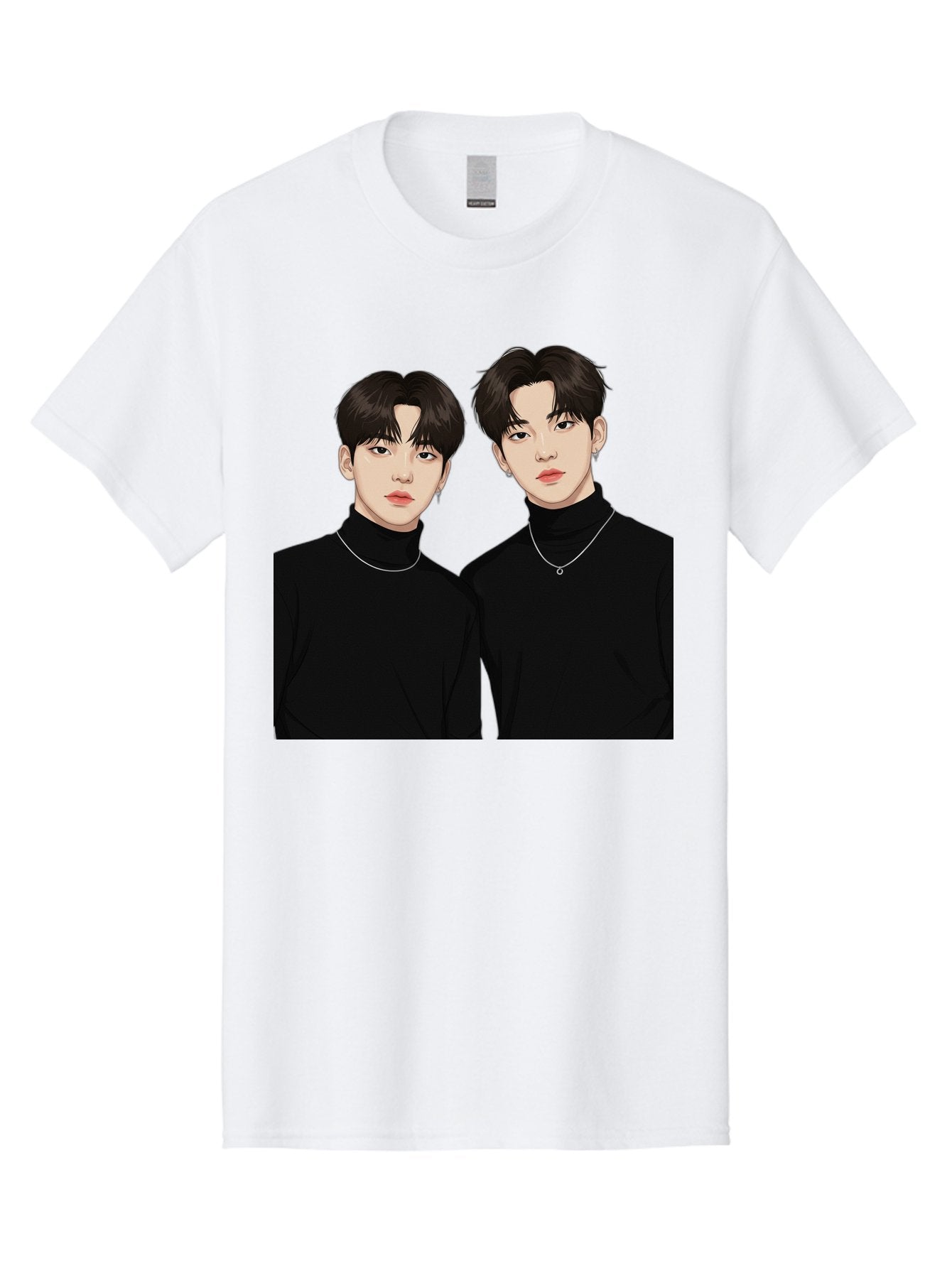 Twin-Guys Men'S Graphic Tee, 100% Cotton, Comfortable Casual Summer Wear, Machine Washable, K-Pop Idols, Male Duo, Black Turtlenecks, Silver Necklaces, Dark Hair, Digital Illustration, Pop Culture Icons, Modern Fashion, Stylish Accessories, Bac525 13