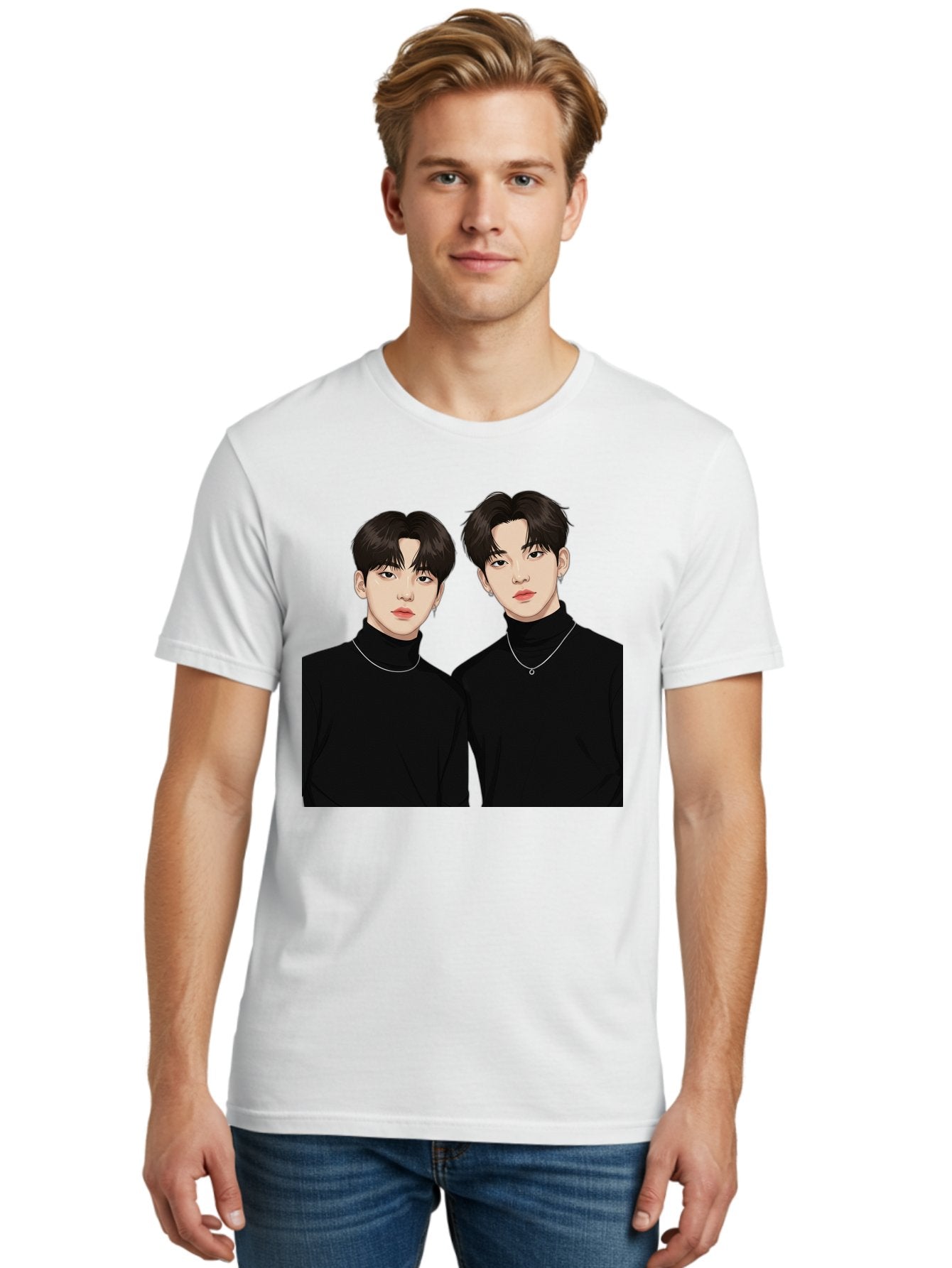 Twin-Guys Men'S Graphic Tee, 100% Cotton, Comfortable Casual Summer Wear, Machine Washable, K-Pop Idols, Male Duo, Black Turtlenecks, Silver Necklaces, Dark Hair, Digital Illustration, Pop Culture Icons, Modern Fashion, Stylish Accessories, Bac525 20