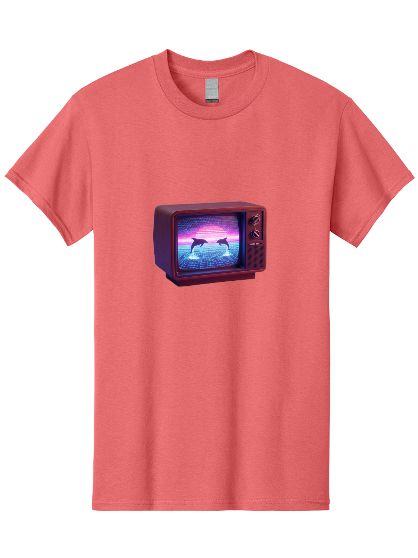 Two-Dolphins Men'S Graphic Tee, 100% Cotton, Comfortable Casual Summer Wear, Machine Washable, Retro Television, Vaporwave Aesthetic, Pixel Art, Dolphins, Sunset, 80S Nostalgia, Pixelated Graphics, Synthwave, Retrofuturism, Old School Tv Bac526 7