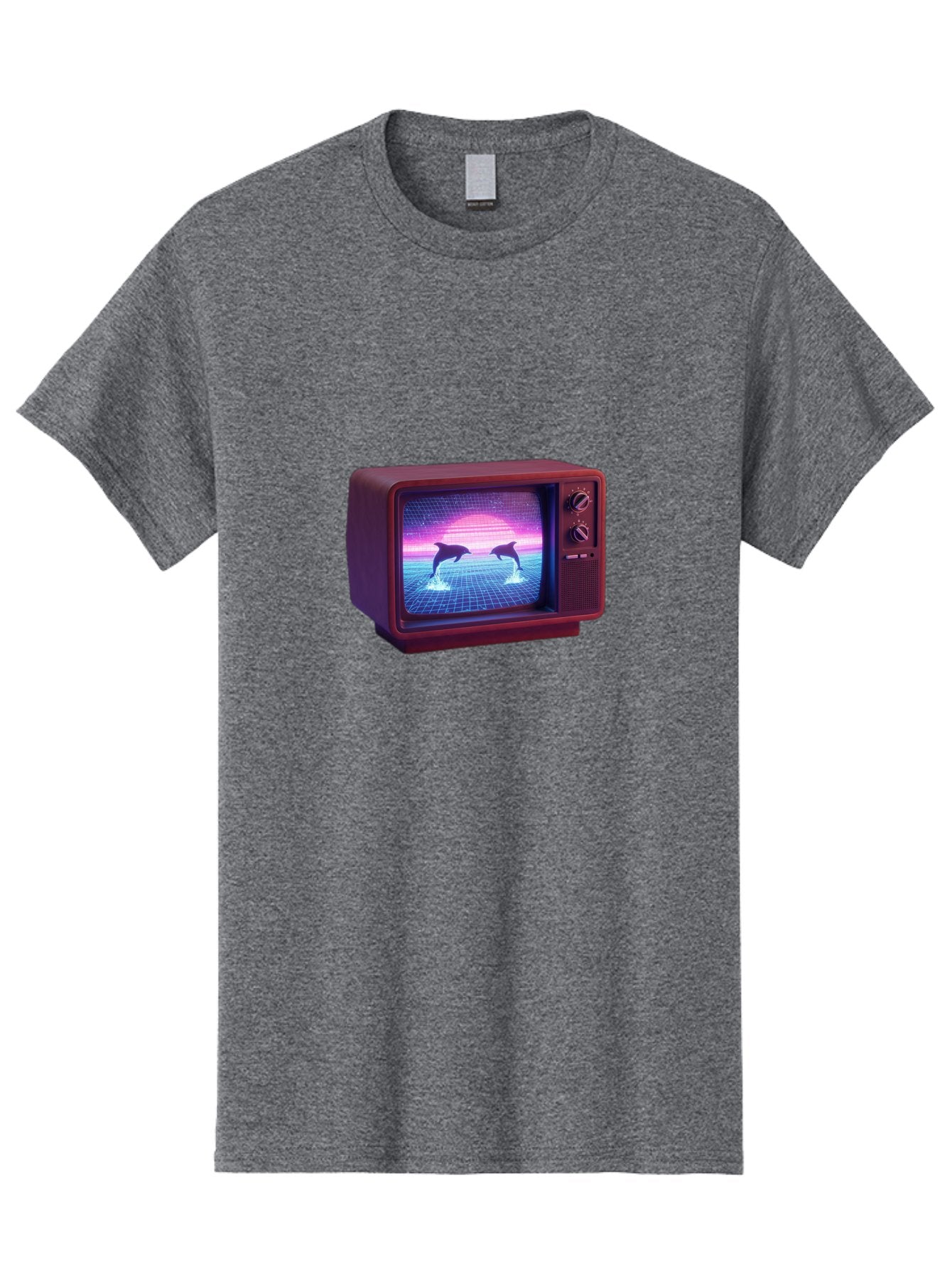 Two-Dolphins Men'S Graphic Tee, 100% Cotton, Comfortable Casual Summer Wear, Machine Washable, Retro Television, Vaporwave Aesthetic, Pixel Art, Dolphins, Sunset, 80S Nostalgia, Pixelated Graphics, Synthwave, Retrofuturism, Old School Tv Bac526